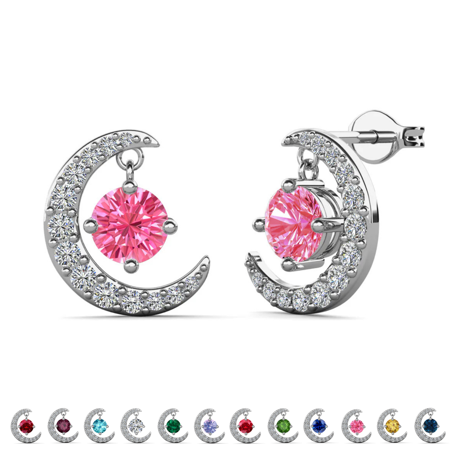Luna Birthstone 18k White Gold Plated Crescent Stud Earrings with Round Cut Swarovski Crystals