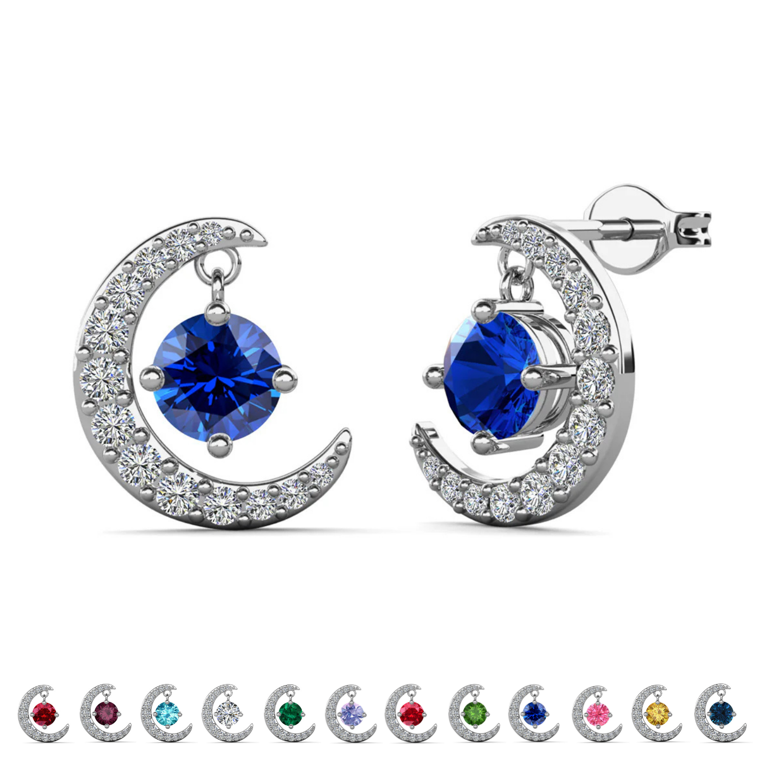 Luna Birthstone 18k White Gold Plated Crescent Stud Earrings with Round Cut Swarovski Crystals
