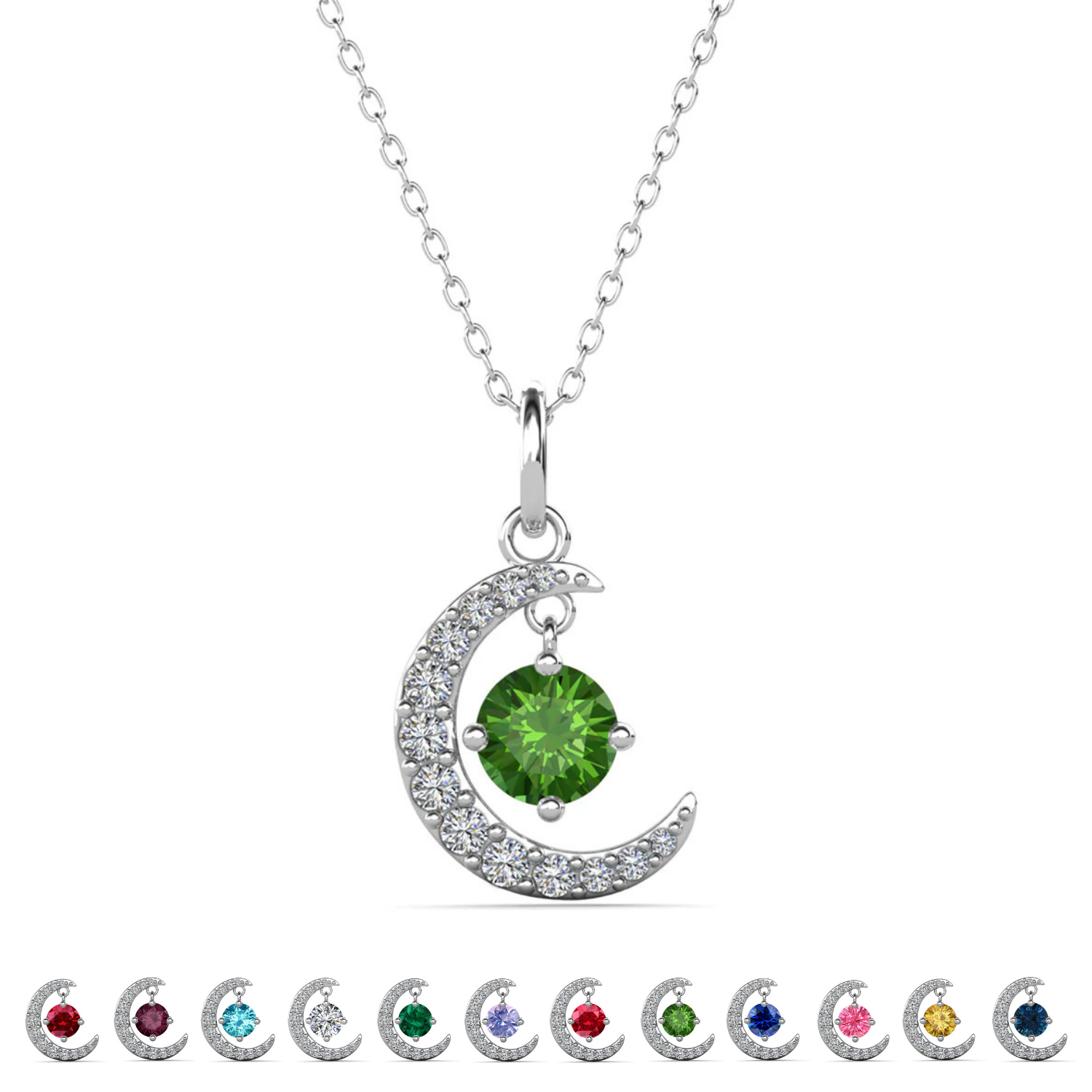 Luna Birthstone Necklace 18k White Gold Plated Crescent Pendant Necklace with Round Cut Swarovski Crystals