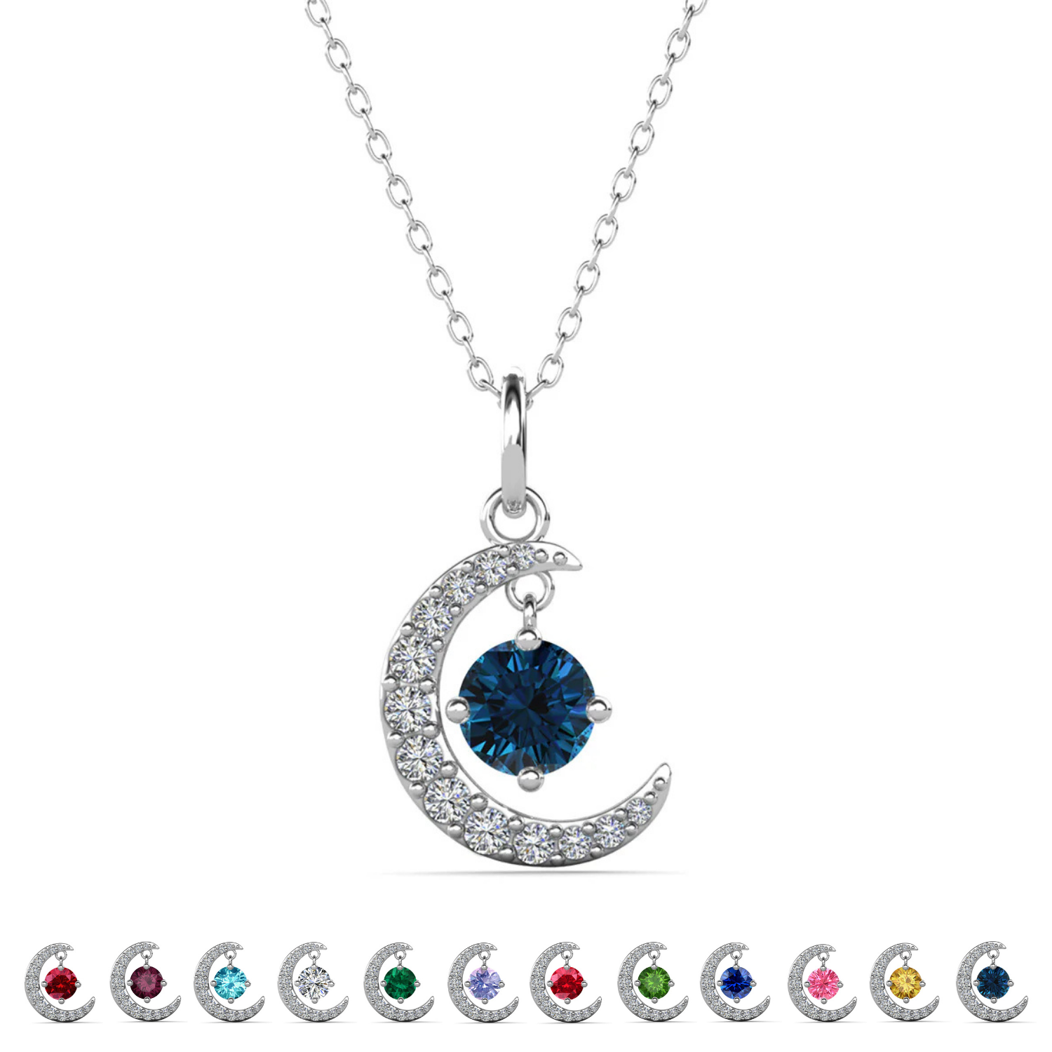 Luna Birthstone Necklace 18k White Gold Plated Crescent Pendant Necklace with Round Cut Swarovski Crystals