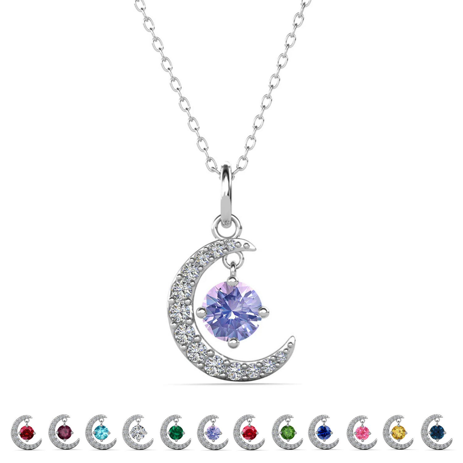 Luna Birthstone Necklace 18k White Gold Plated Crescent Pendant Necklace with Round Cut Swarovski Crystals