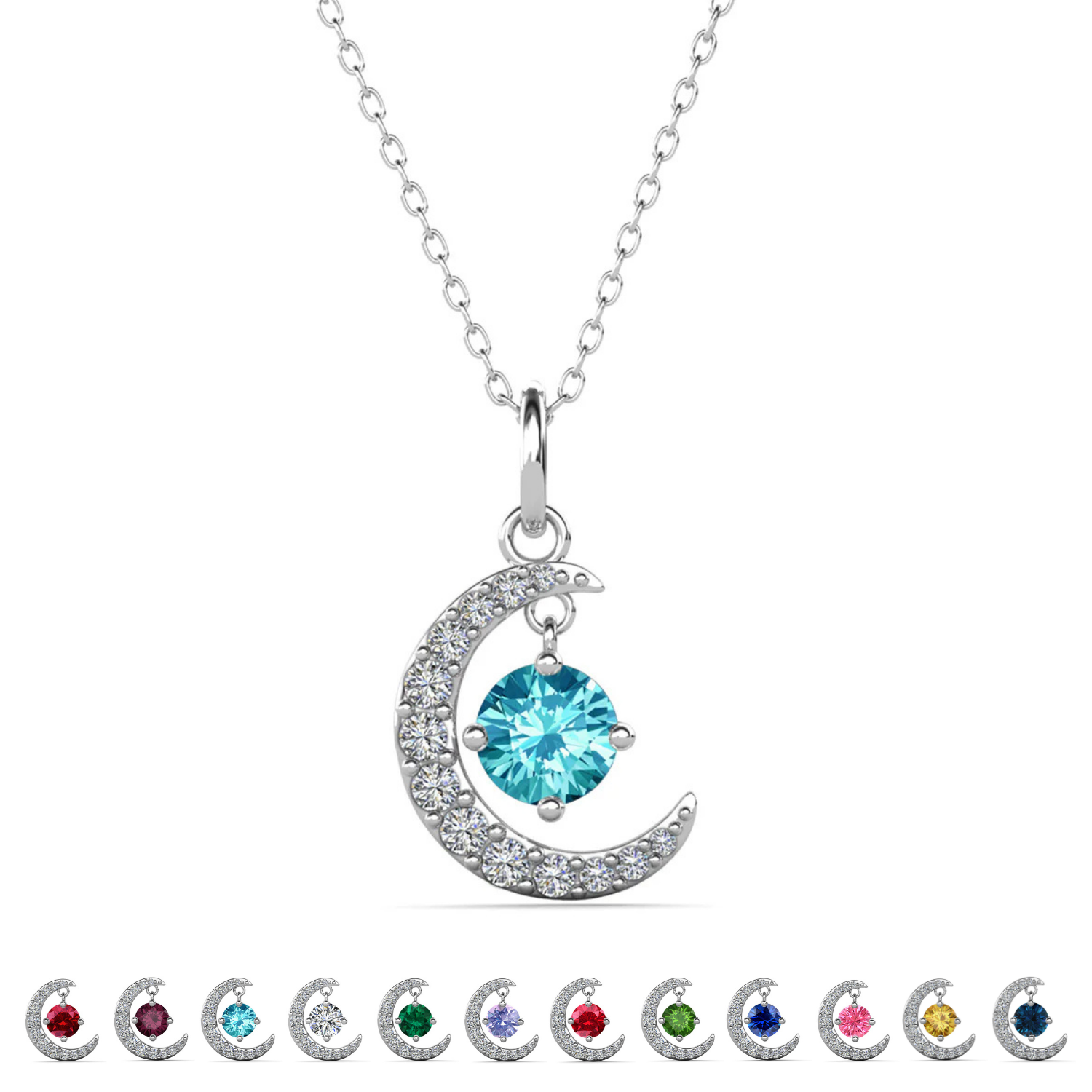 Luna Birthstone Necklace 18k White Gold Plated Crescent Pendant Necklace with Round Cut Swarovski Crystals