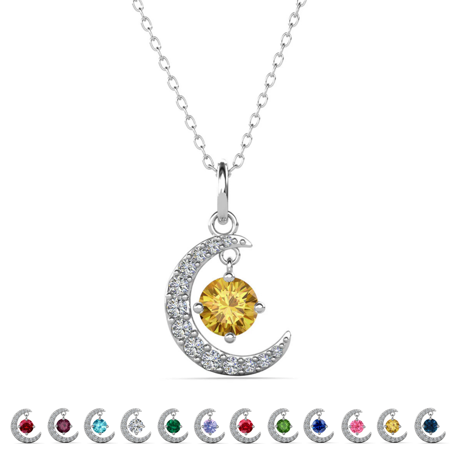 Luna Birthstone Necklace 18k White Gold Plated Crescent Pendant Necklace with Round Cut Swarovski Crystals