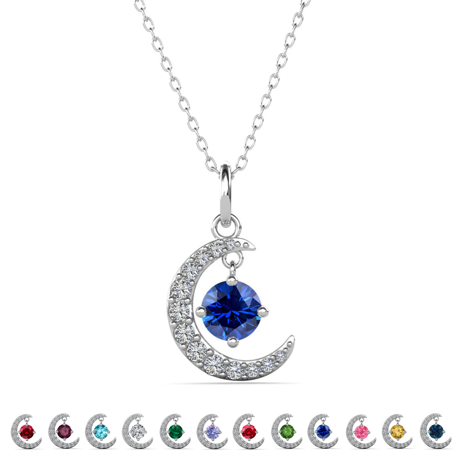 Luna Birthstone Necklace 18k White Gold Plated Crescent Pendant Necklace with Round Cut Swarovski Crystals