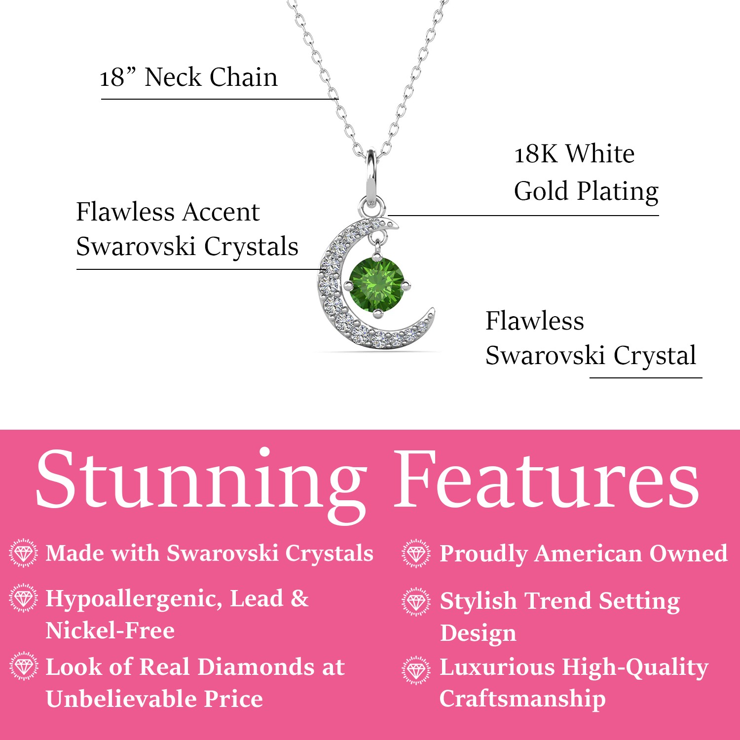 Luna Birthstone Necklace 18k White Gold Plated with Round Cut Swarovski Crystal