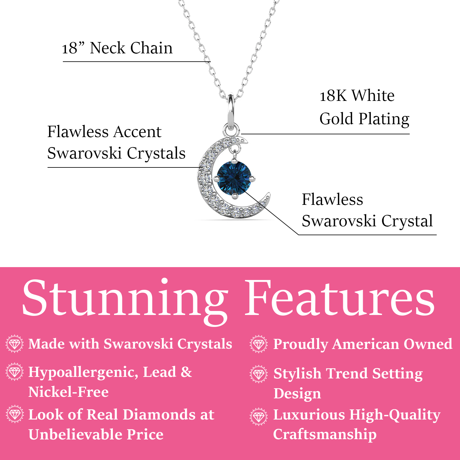 Luna Birthstone Necklace 18k White Gold Plated with Round Cut Swarovski Crystal