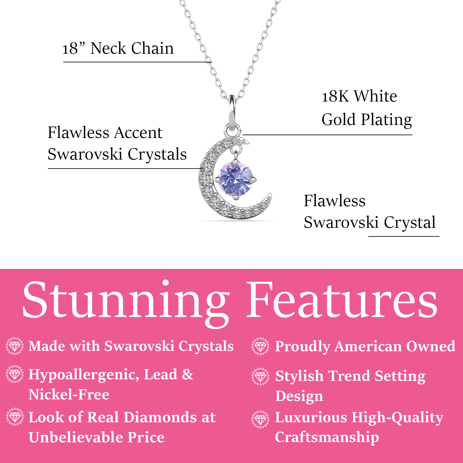 Luna Birthstone Necklace 18k White Gold Plated with Round Cut Swarovski Crystal