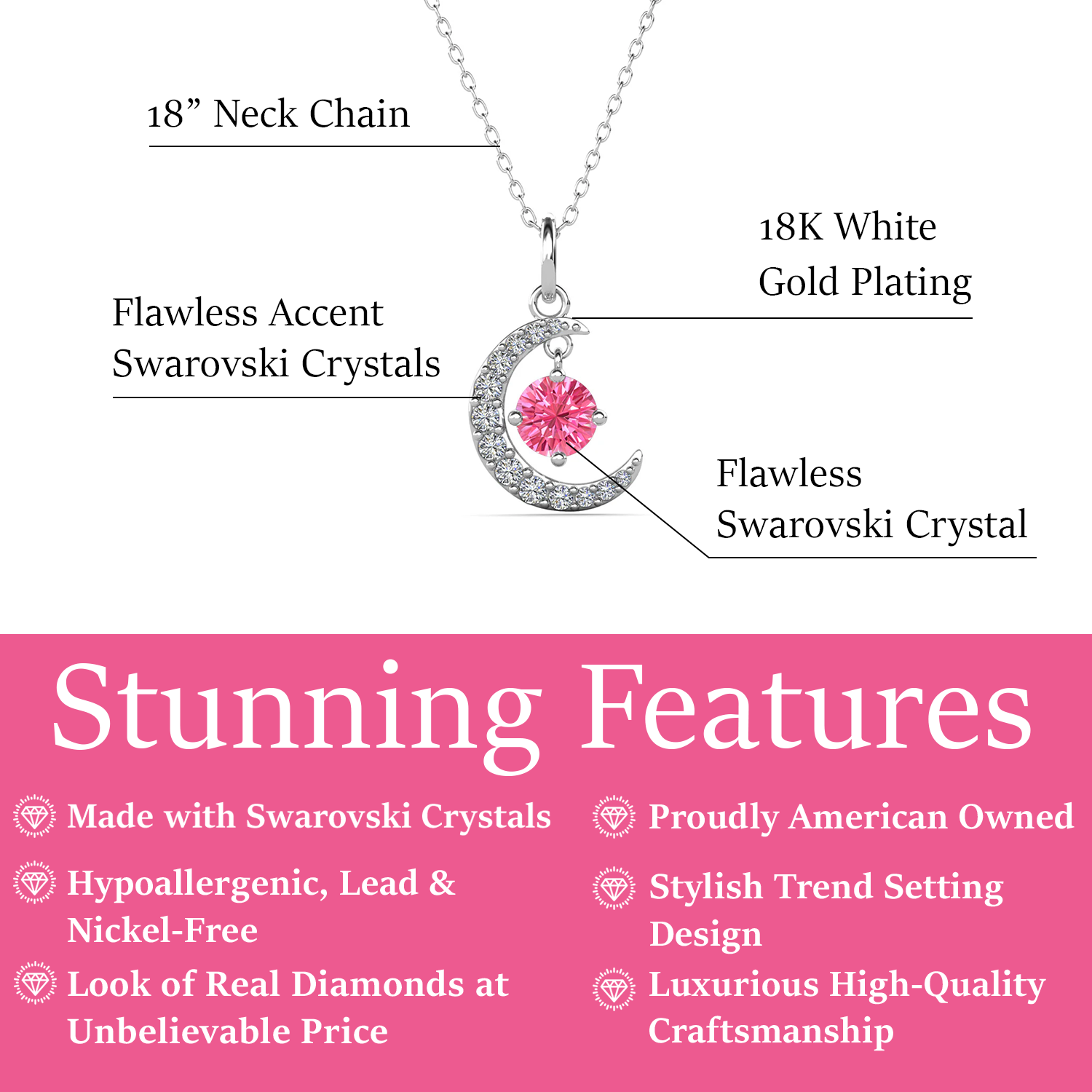 Luna Birthstone Necklace 18k White Gold Plated with Round Cut Swarovski Crystal