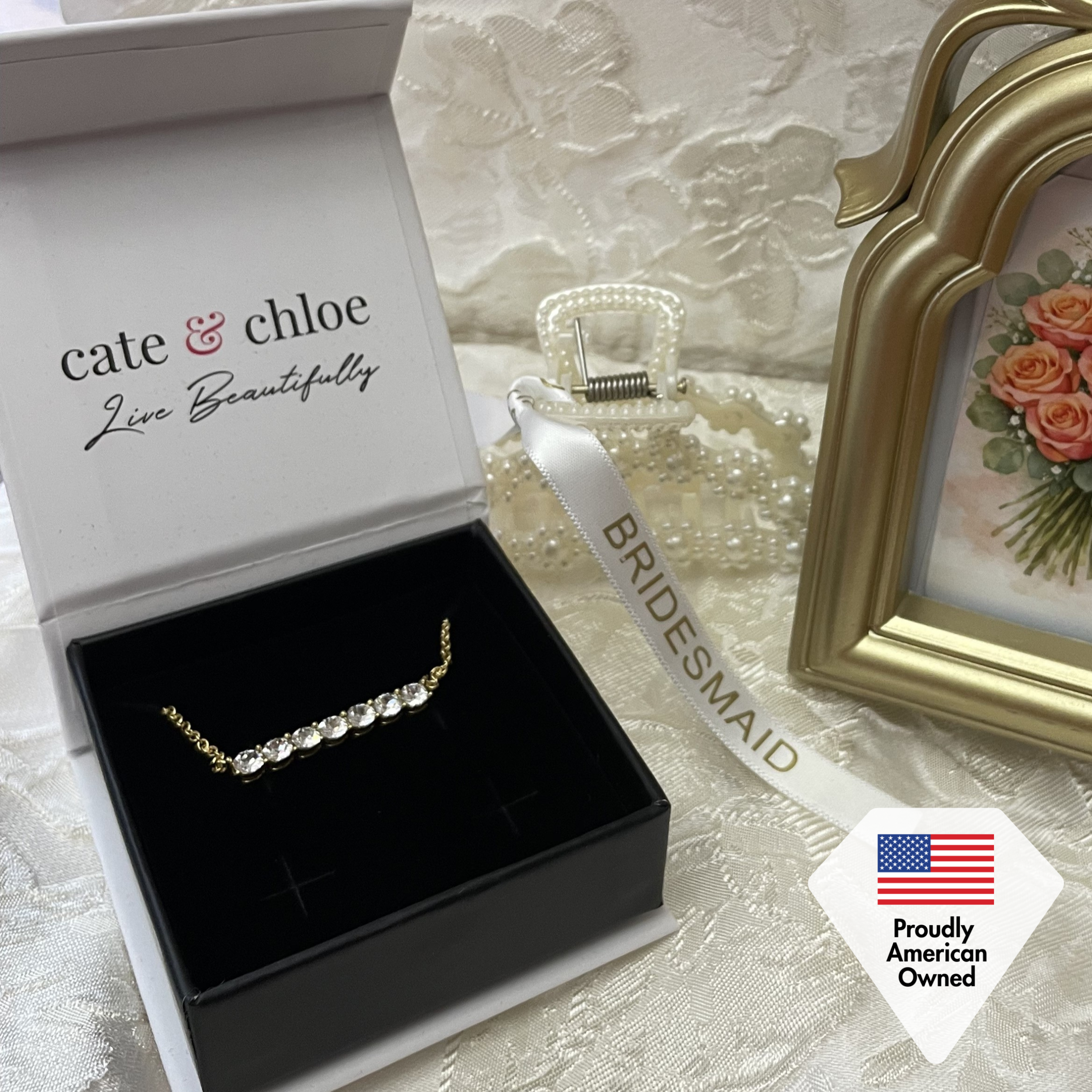 Lynn 18k White Gold Plated Crystal Bar Necklace & To Bridesmaid Leaf Card