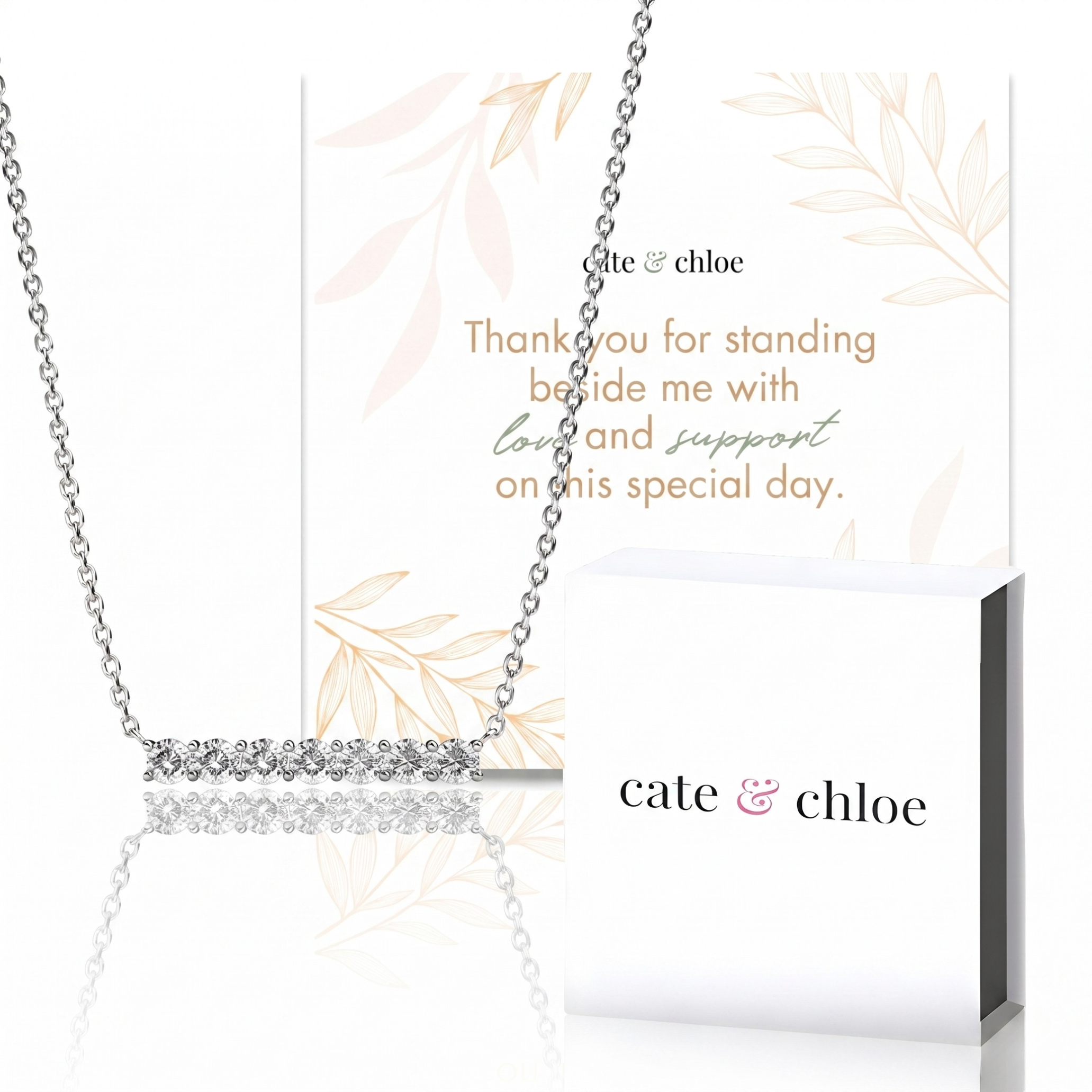 Lynn 18k White Gold Plated Crystal Bar Necklace & To Bridesmaid Leaf Card