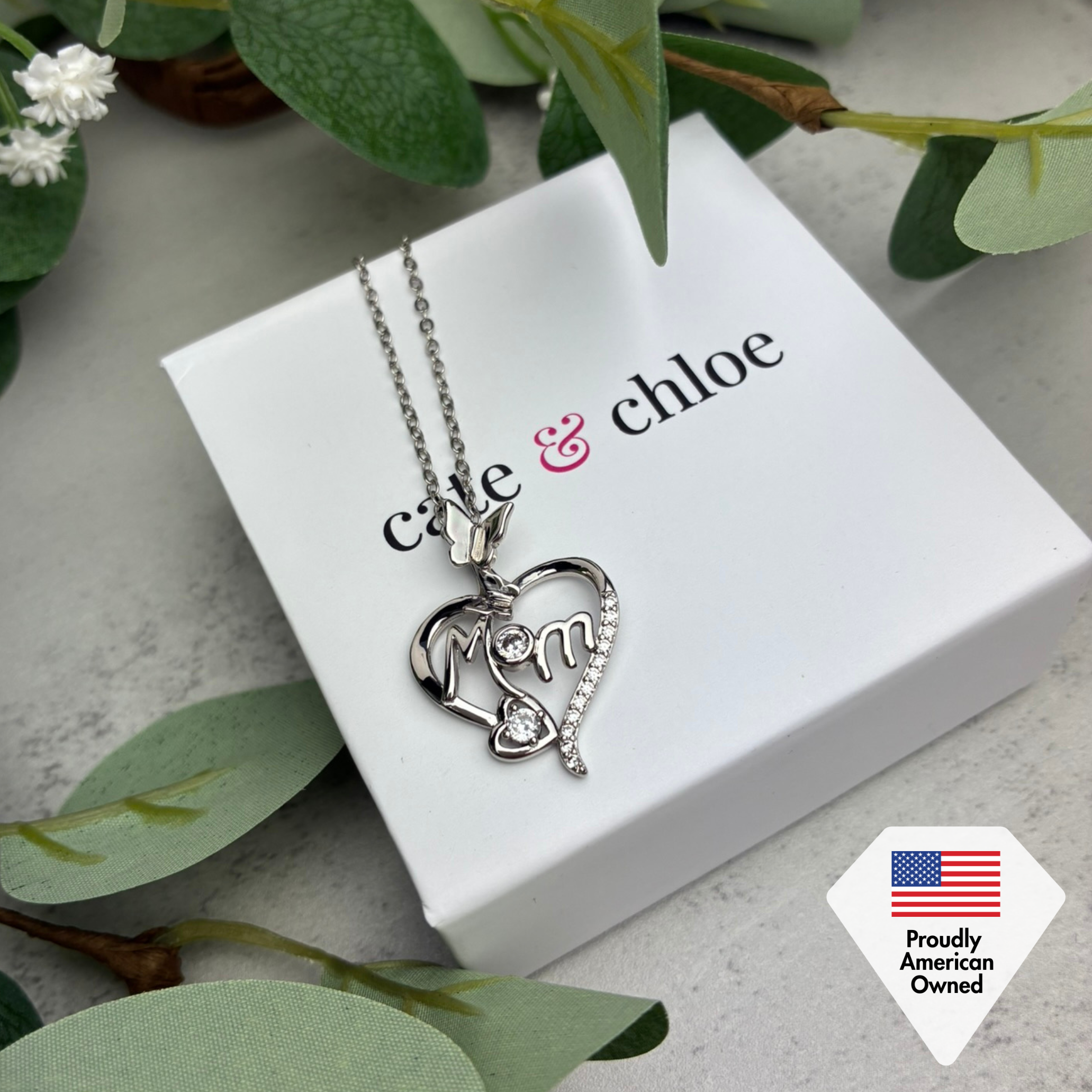 Mabel 18k White Gold Plated Mom Heart Pendant Necklace with Simulated Diamond Crystals