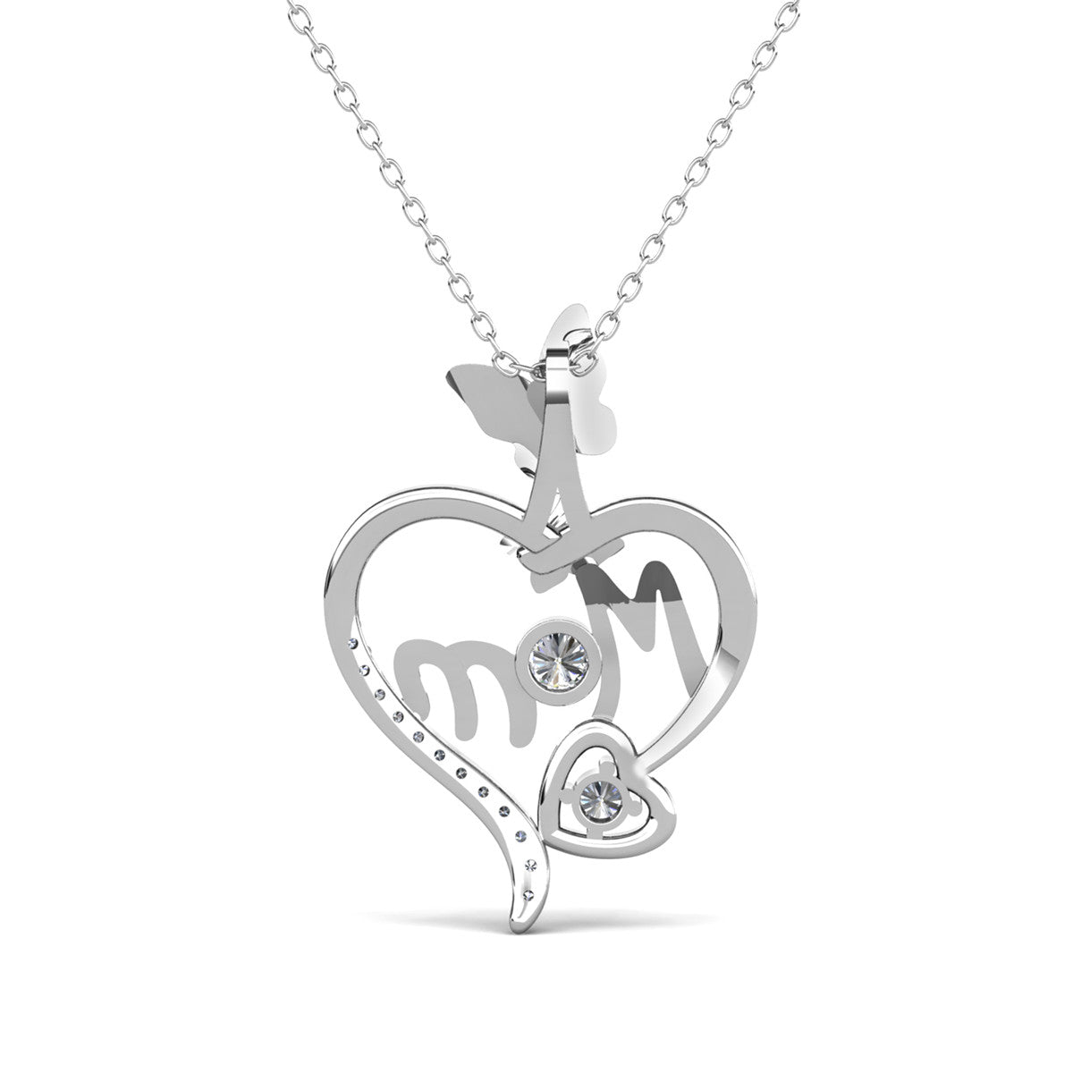Mabel 18k White Gold Plated Mom Heart Pendant Necklace with Simulated Diamond Crystals