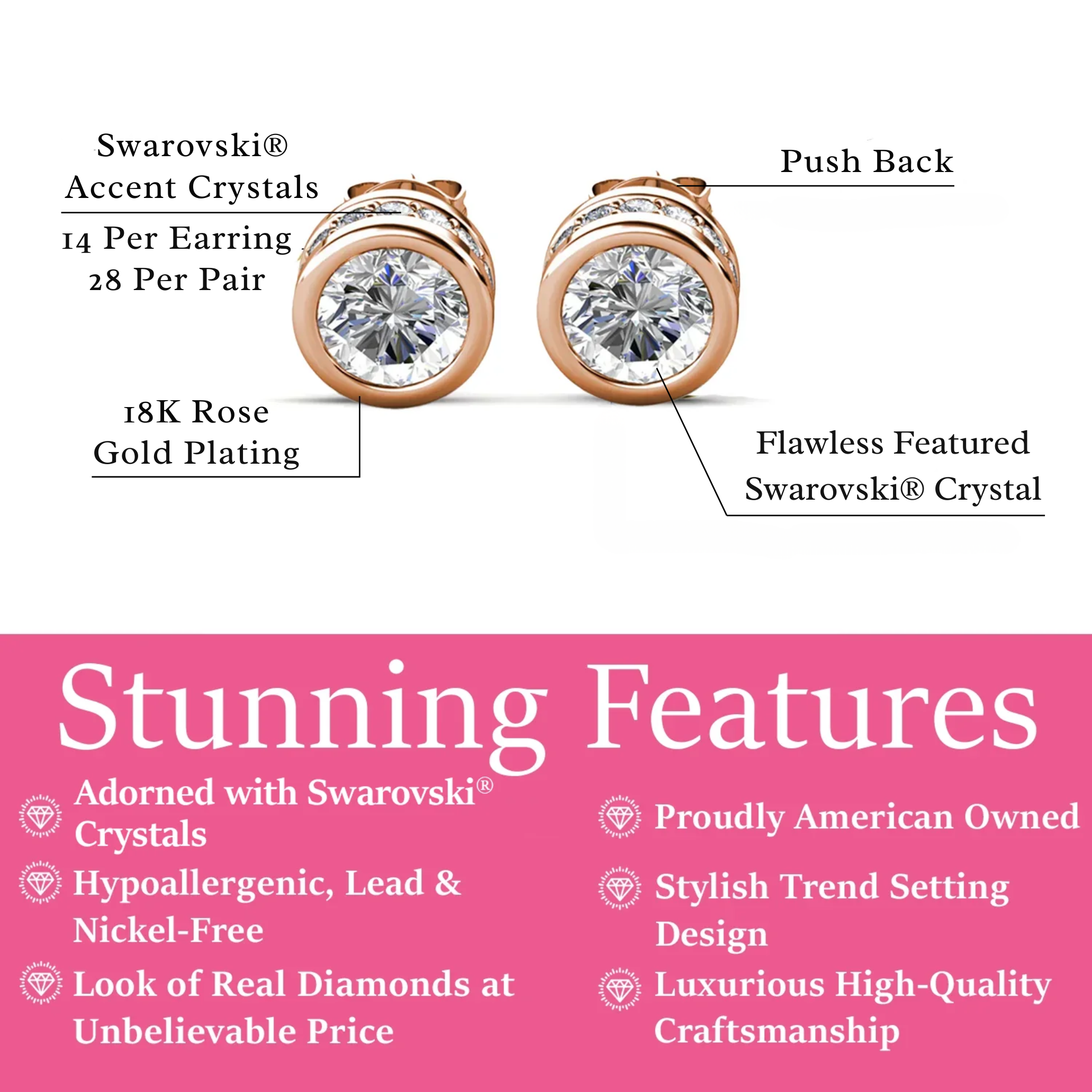 Mae 18k White Gold Plated Stud Earrings with Round Cut Swarovski Crystals