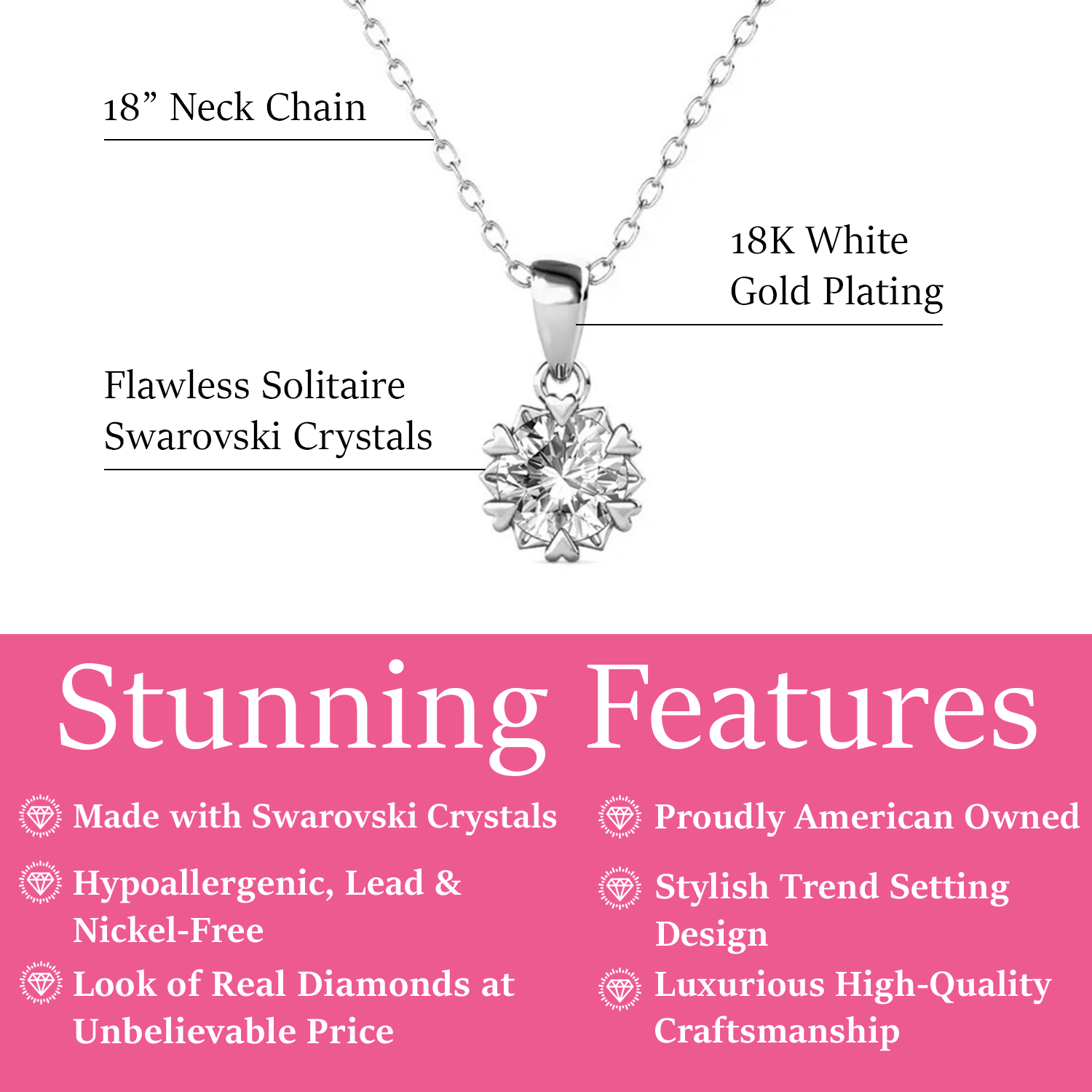 Maggie 18k White Gold Flower Pendant Necklace Round Cut with Solitaire Swarovski Crystal