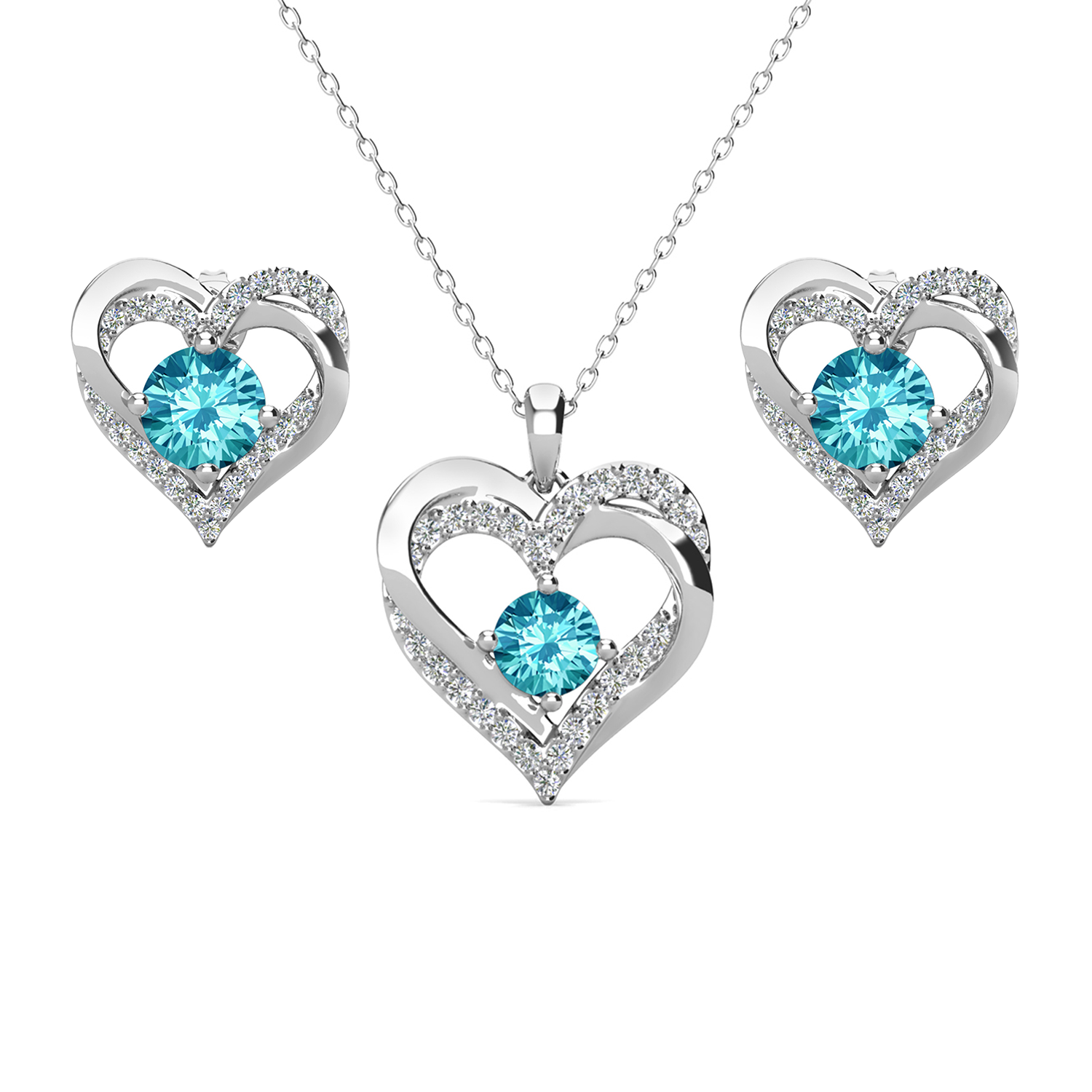 Forever Birthstone 18k White Gold Plated Silver Double Heart Earrings and Necklace Set with Swarovski Crystals