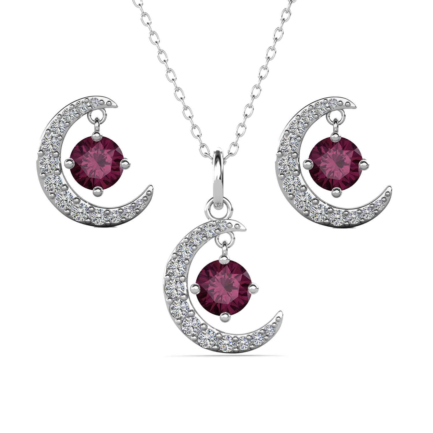 Luna Birthstone 18k White Gold Plated Silver Crescent Earrings and Necklace Set with Swarovski Crystals