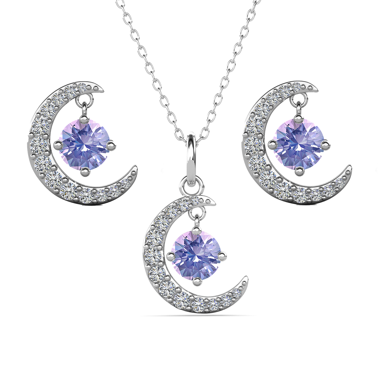 Luna Birthstone 18k White Gold Plated Silver Crescent Earrings and Necklace Set with Swarovski Crystals