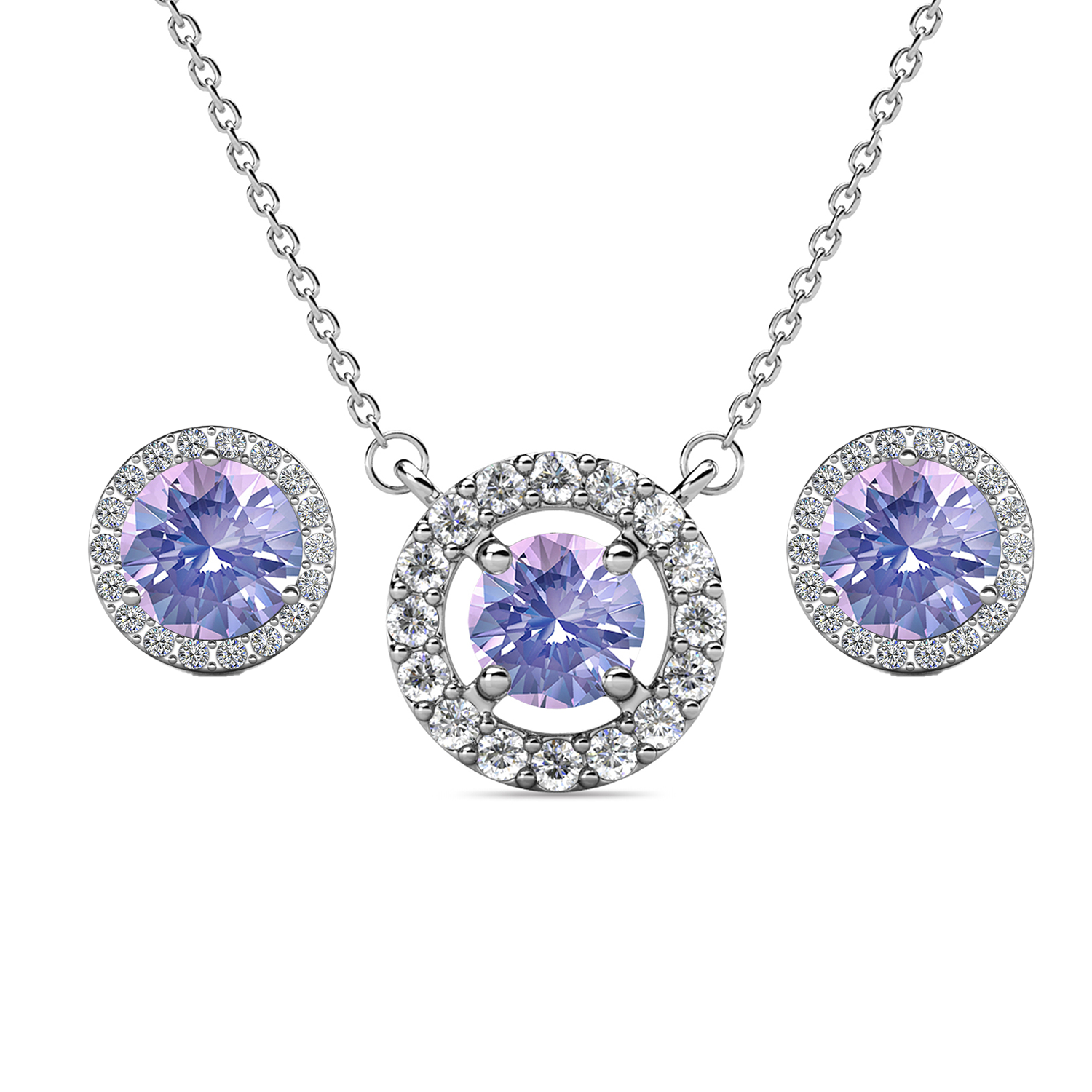 Royal 18k White Gold Plated Birthstone Halo Earrings and Necklace Set with Swarovski Crystals