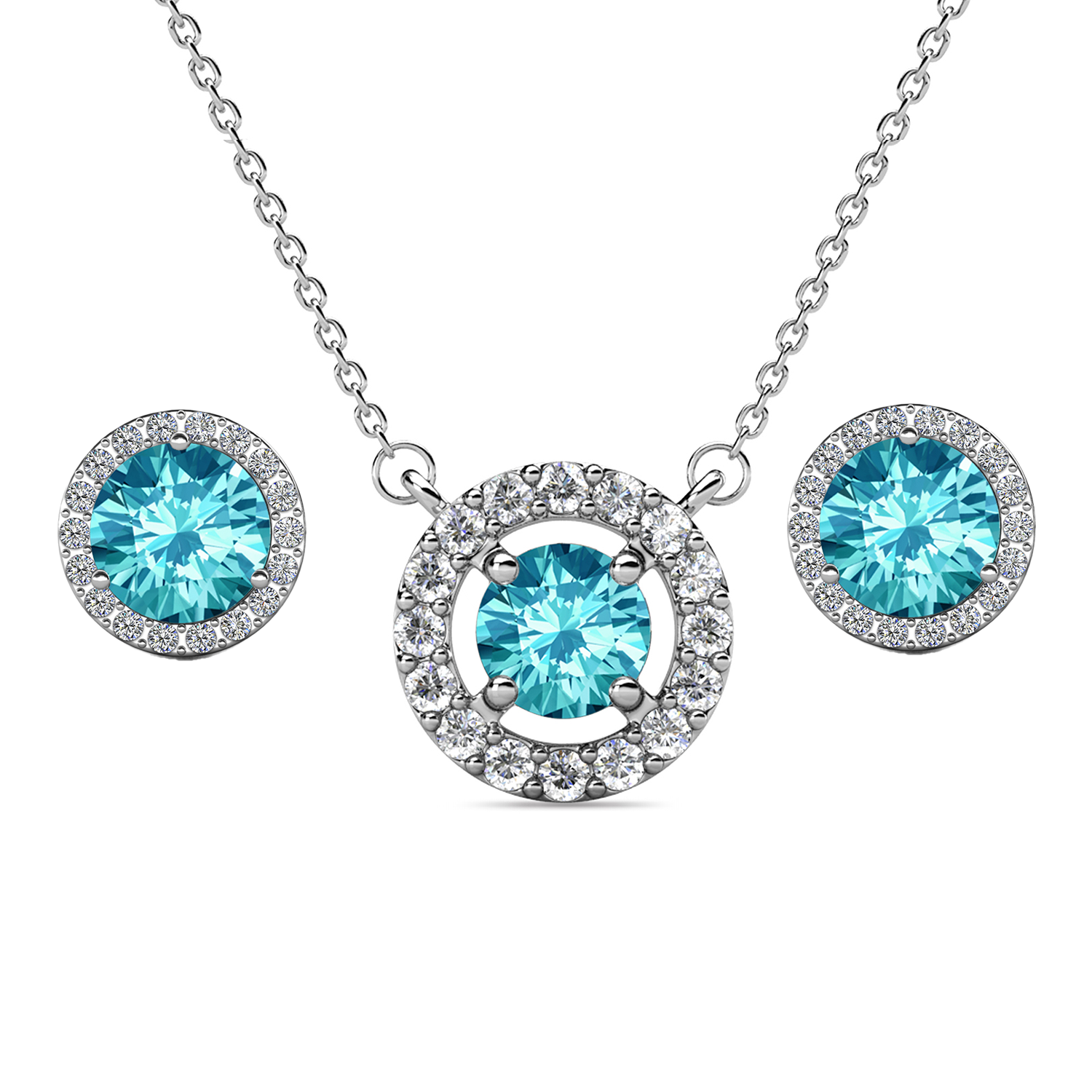 Royal 18k White Gold Plated Birthstone Halo Earrings and Necklace Set with Swarovski Crystals