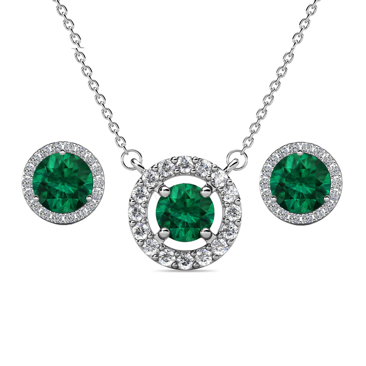 Royal 18k White Gold Plated Birthstone Halo Earrings and Necklace Set with Swarovski Crystals