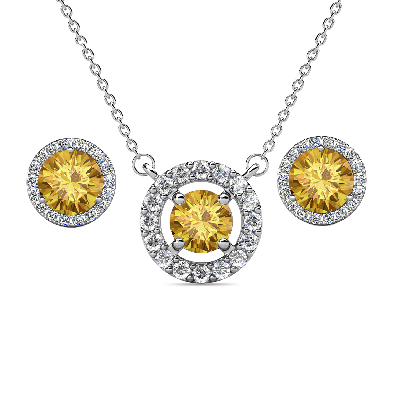 Royal 18k White Gold Plated Birthstone Halo Earrings and Necklace Set with Swarovski Crystals