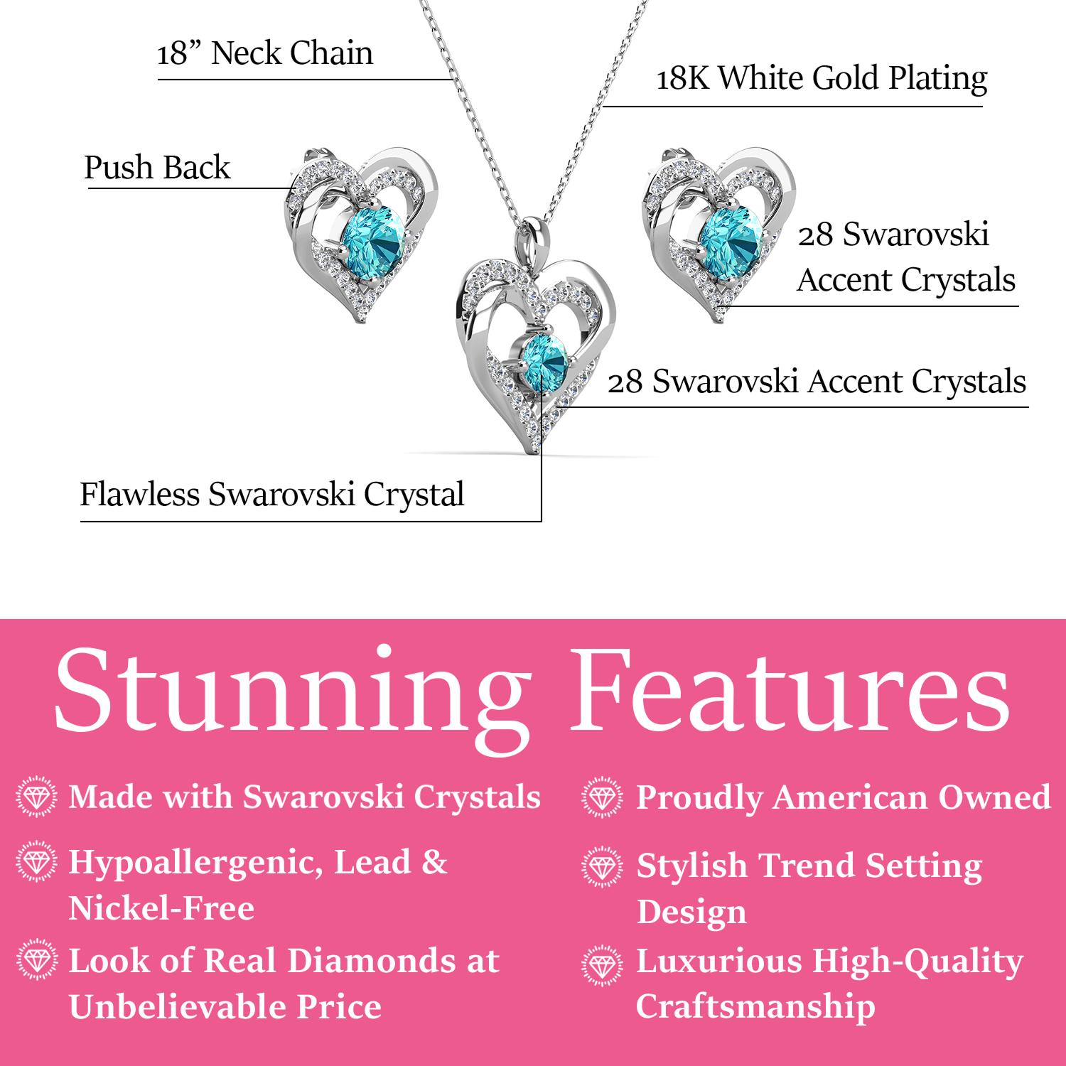 Forever Birthstone 18k White Gold Plated Silver Double Heart Earrings and Necklace Set with Swarovski Crystals