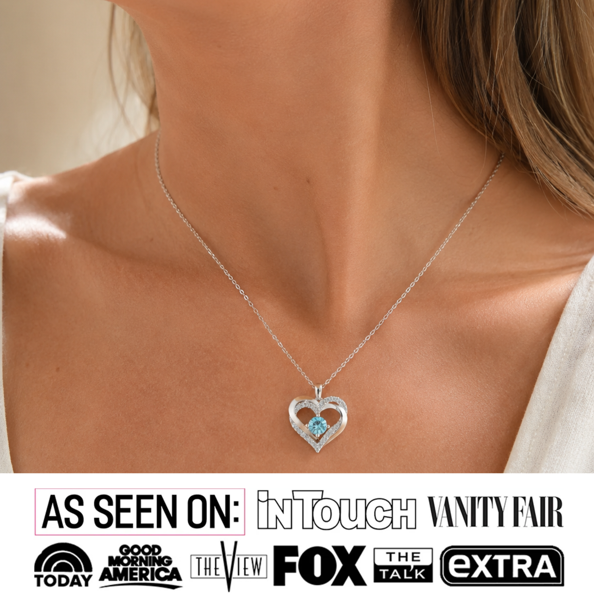 Forever Collar de doble corazón con piedra natal chapado en oro blanco de 18 k y cristales