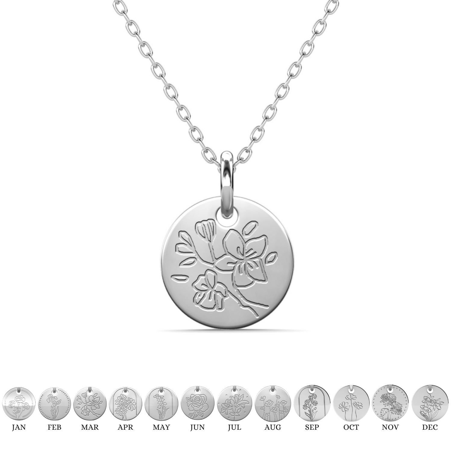 Floral 18k White Gold Plated Engraved Birth Month Flower Pendant Necklace