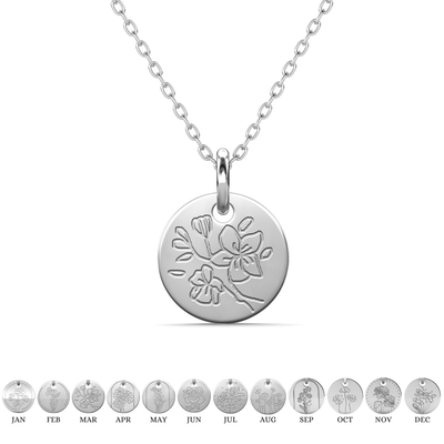 Floral 18k White Gold Plated Engraved Birth Month Flower Pendant Necklace - March - Daffodil