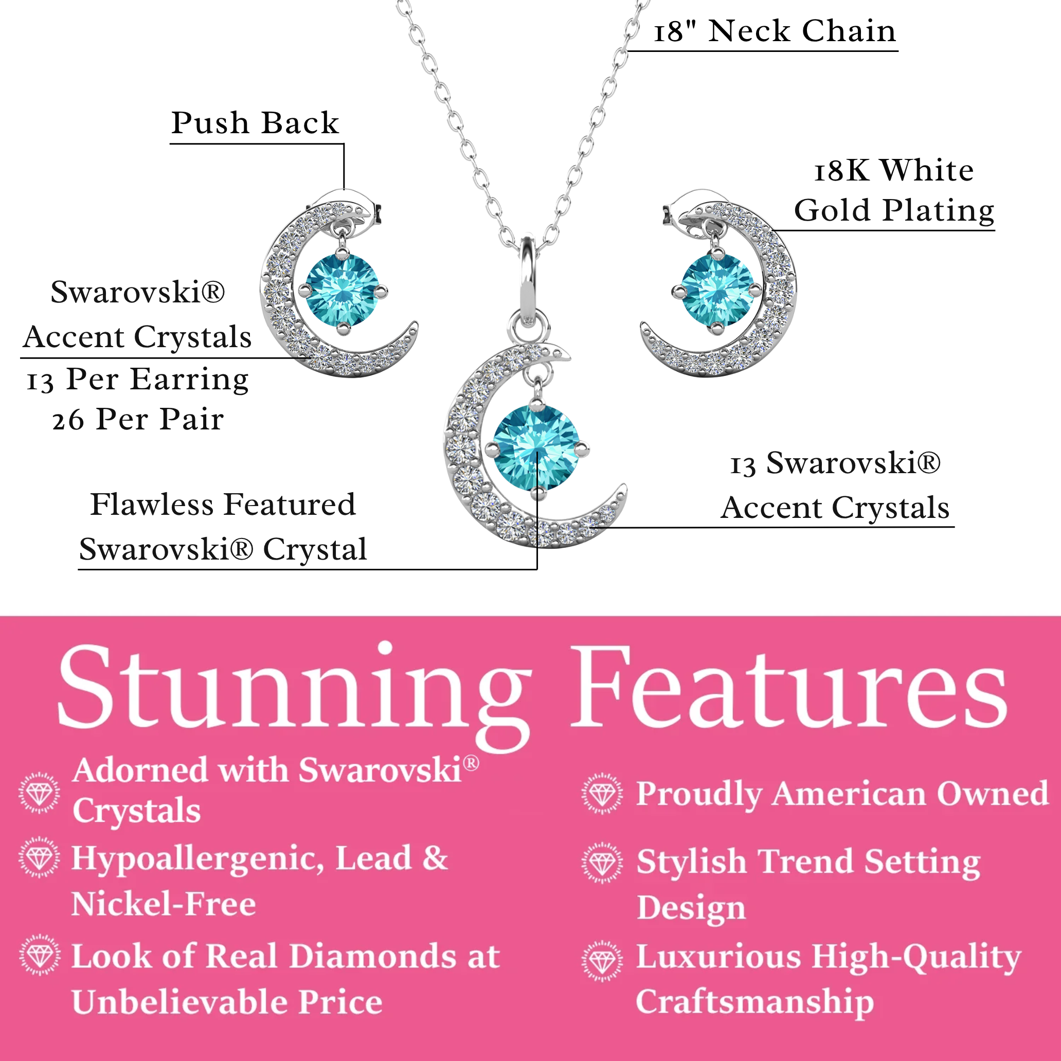 Luna Birthstone 18k White Gold Plated Silver Crescent Earrings and Necklace Set with Swarovski Crystals