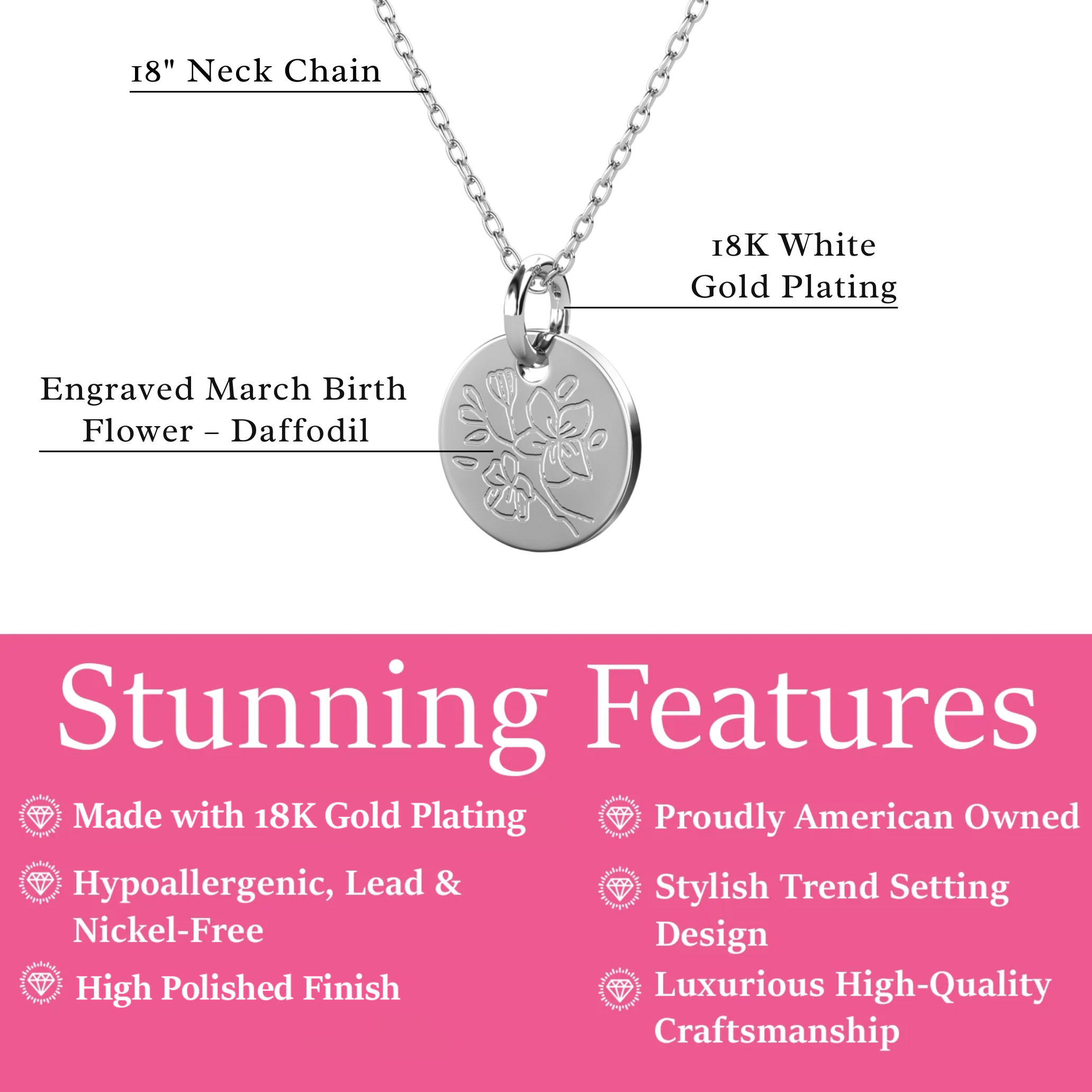 Floral 18k White Gold Plated Engraved Birth Month Flower Pendant Necklace