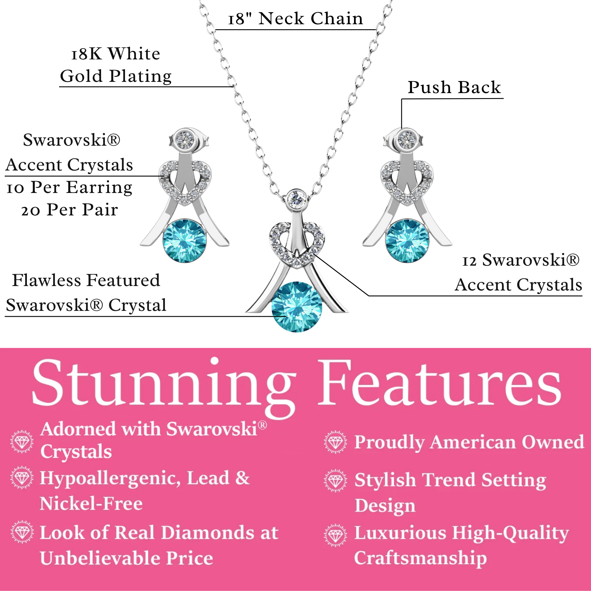 Serenity Birthstone 18k White Gold Plated Drop Earrings and Necklace Set with Swarovski Crystals