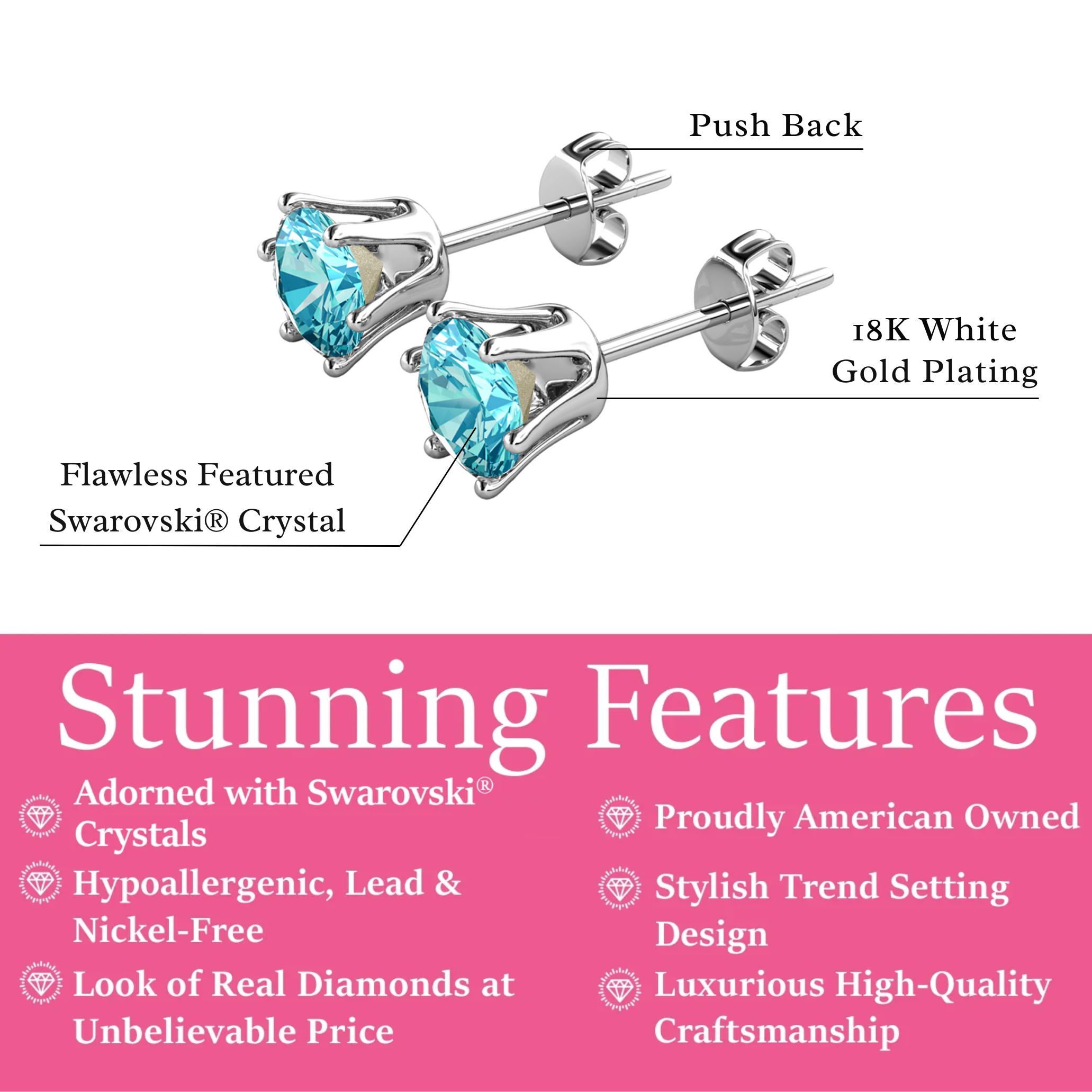 Birthstone Earrings 18k White Gold Plated Stud Earrings with 1ct Solitaire Swarovski Crystals