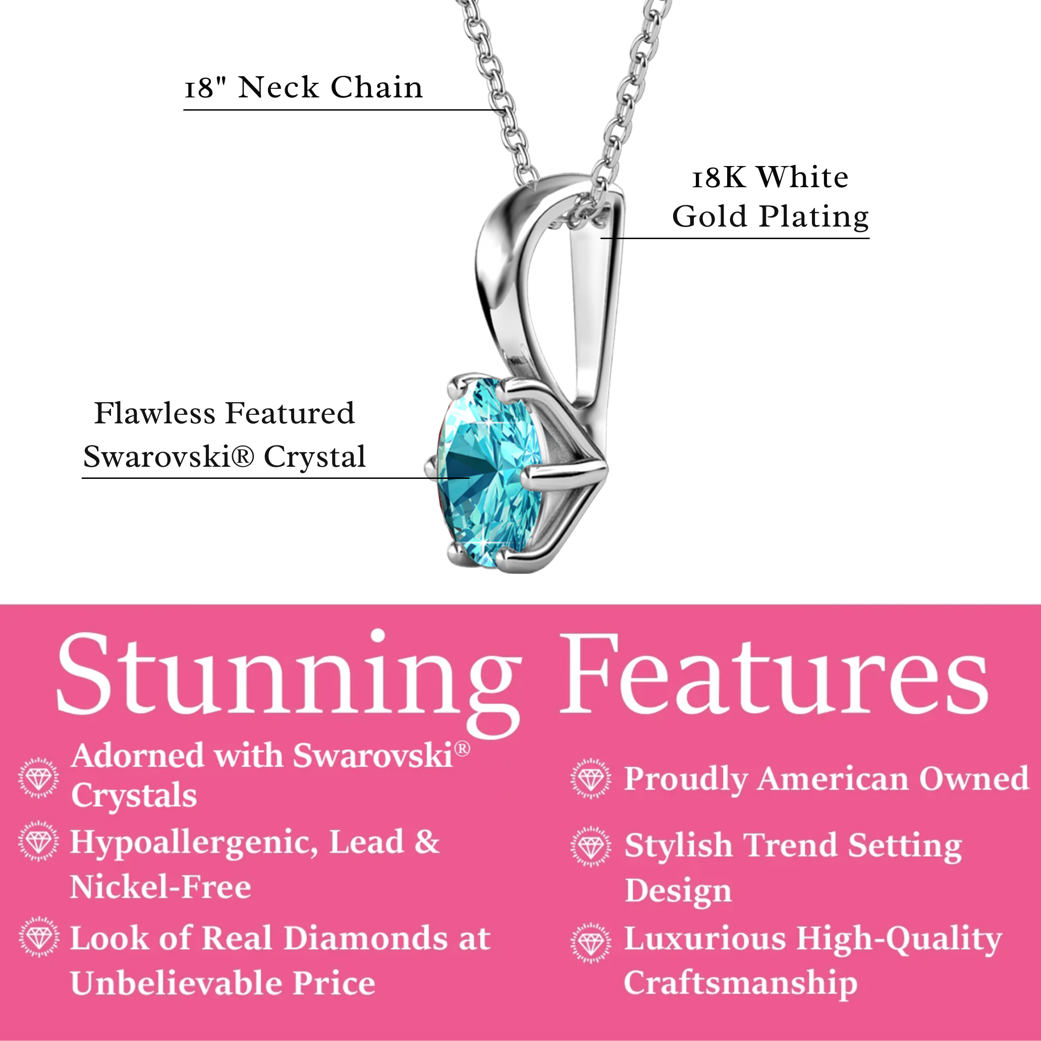 Birthstone Necklace 18k White Gold Plated Solitaire Necklace with 1ct Swarovski Crystal