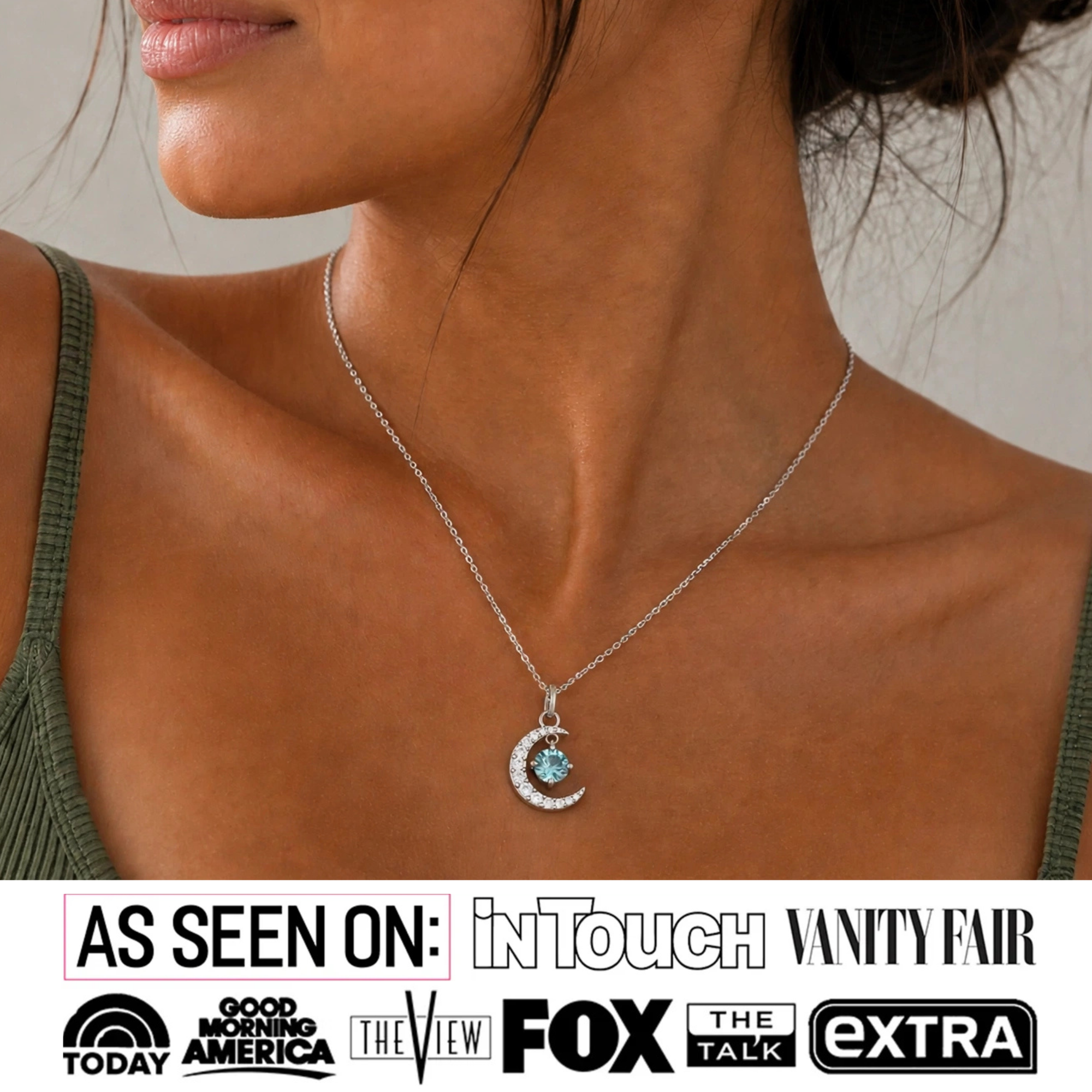 Luna Birthstone Necklace 18k White Gold Plated Crescent Pendant Necklace with Round Cut Swarovski Crystals