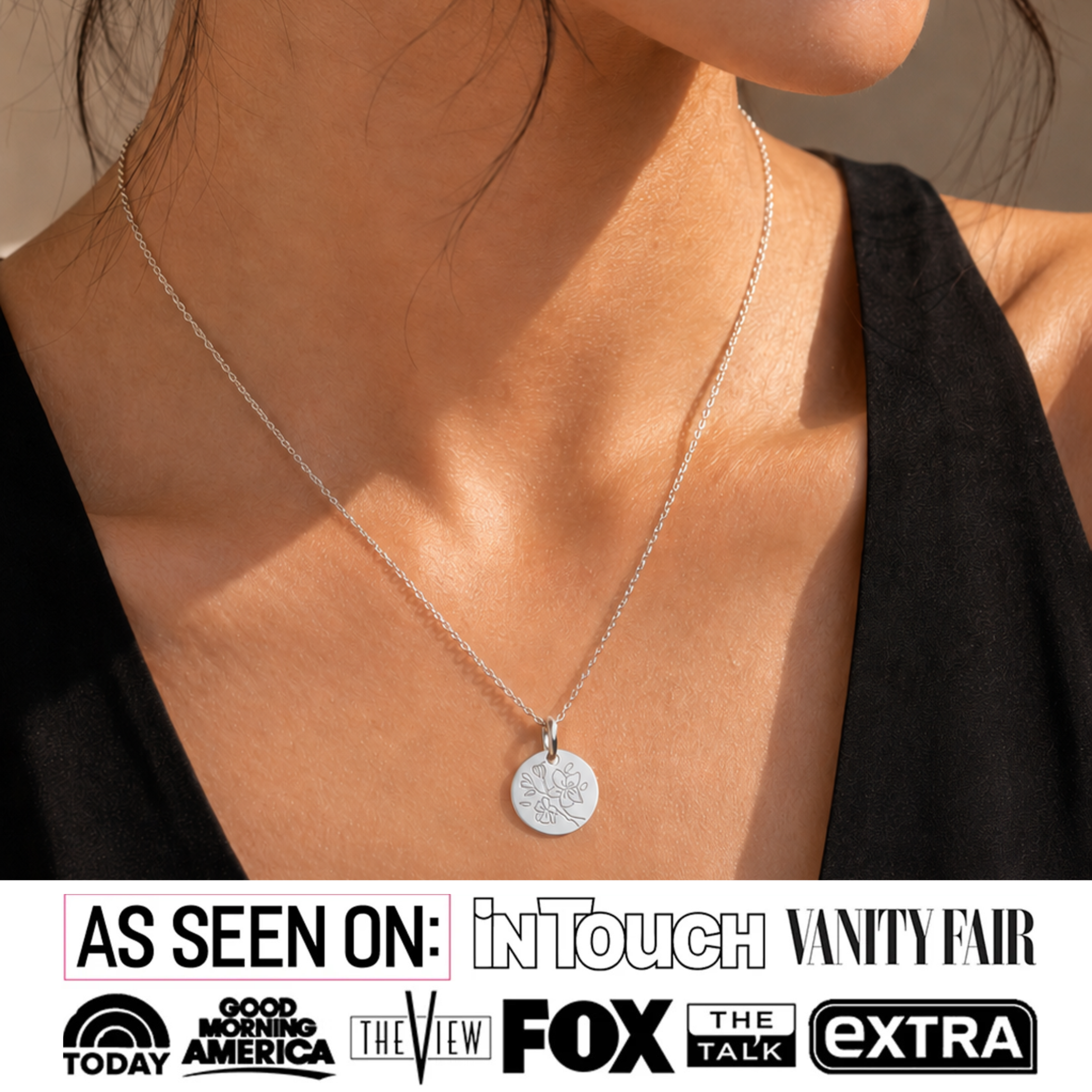 Floral 18k White Gold Plated Engraved Birth Month Flower Pendant Necklace