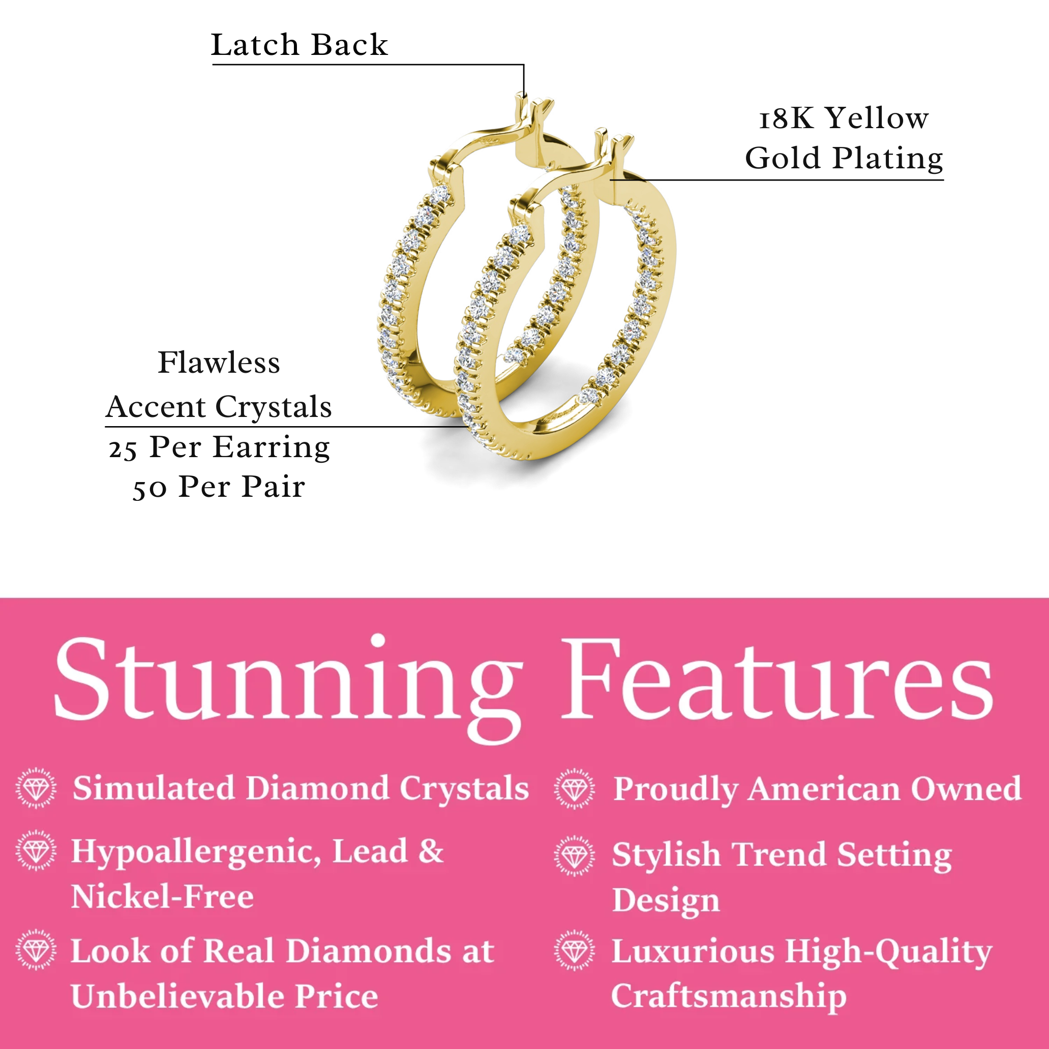 Margot 18k White Gold Plated 24mm Hoop Earrings with Simulated Diamond Crystals