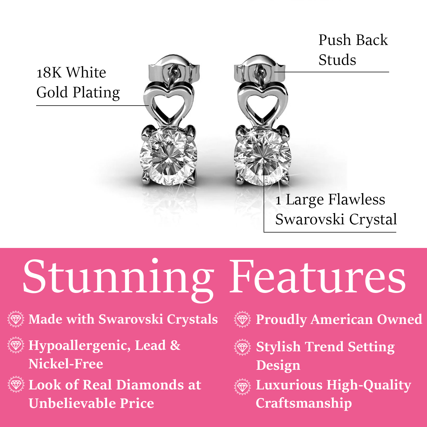 Marian 18k White Gold Heart Earrings with Round Cut Crystals