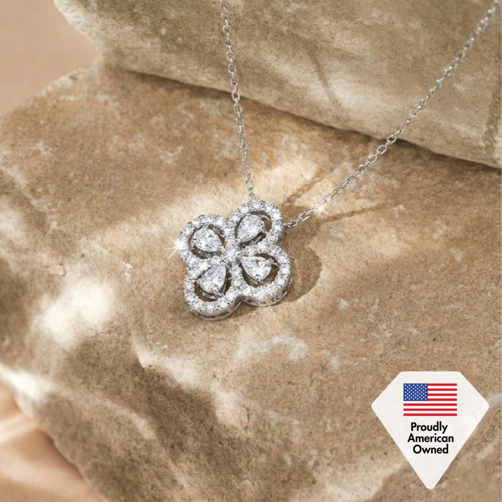 Marie 18k White Gold Plated Clover Flower Necklace & Strength and Peace Shadow Card