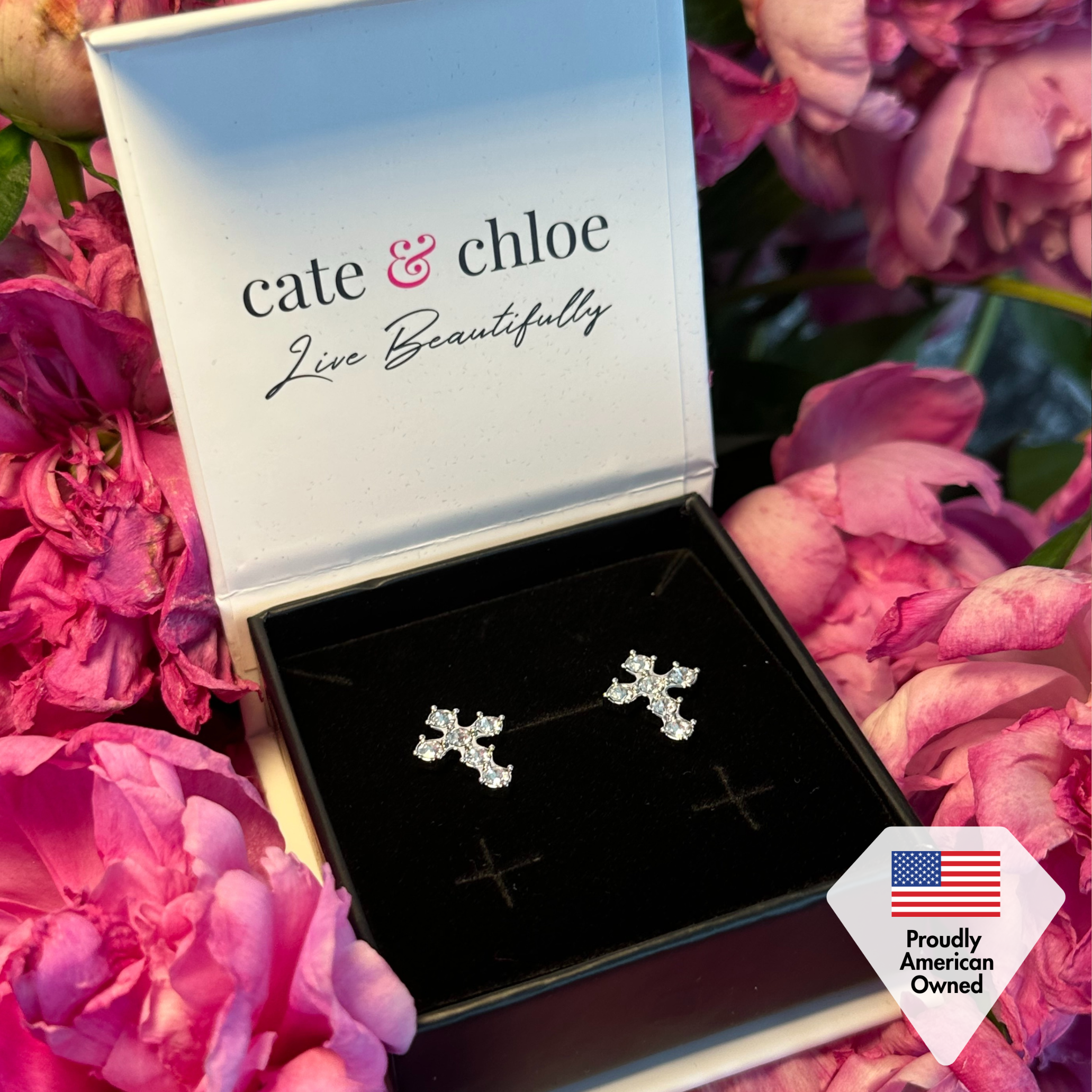 Marissa 18k White Gold Plated Cross Stud Earrings & Blessed by Faith Pink Envelope Card