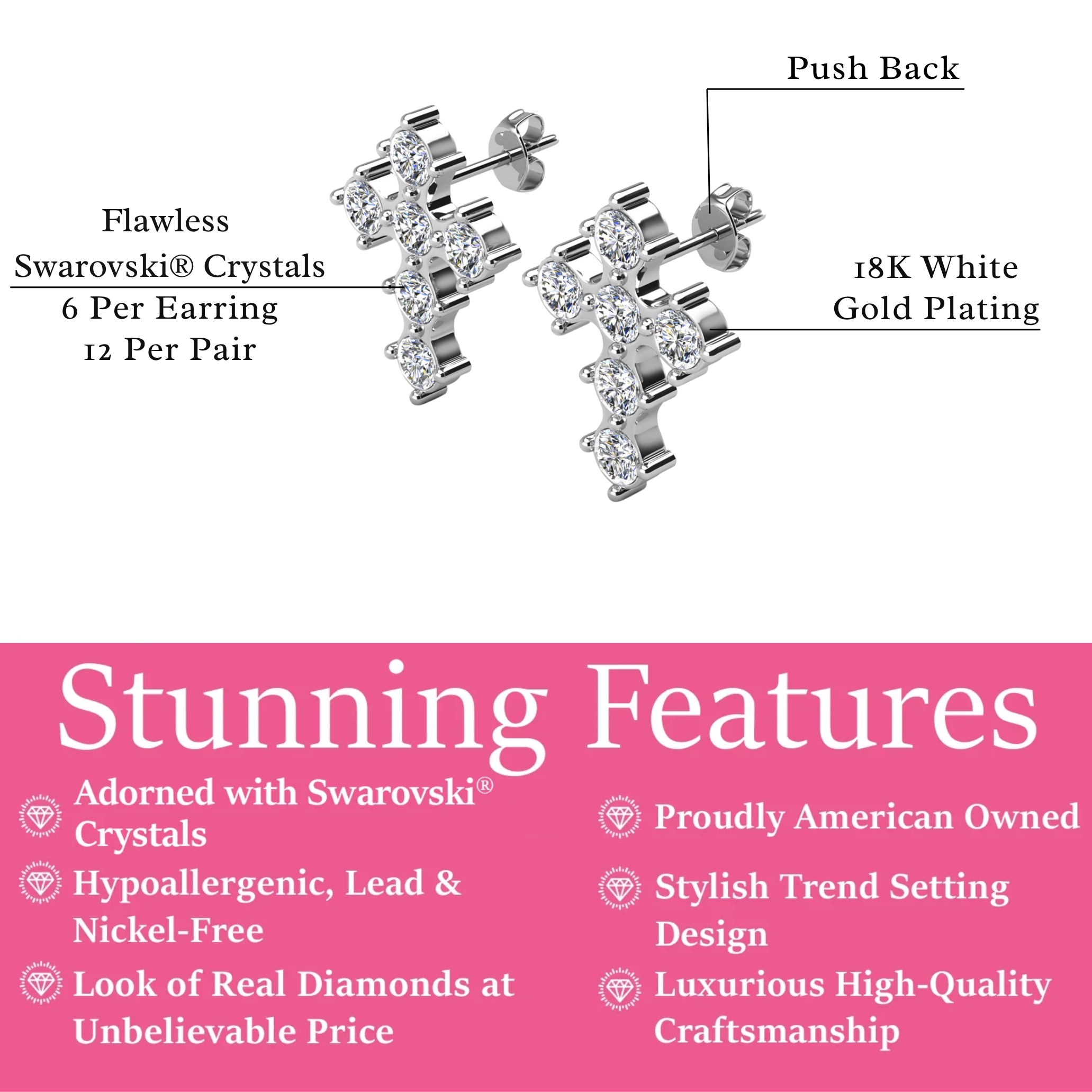 Marissa 18k White Gold Plated Cross Stud Earrings with Swarovski Crystals