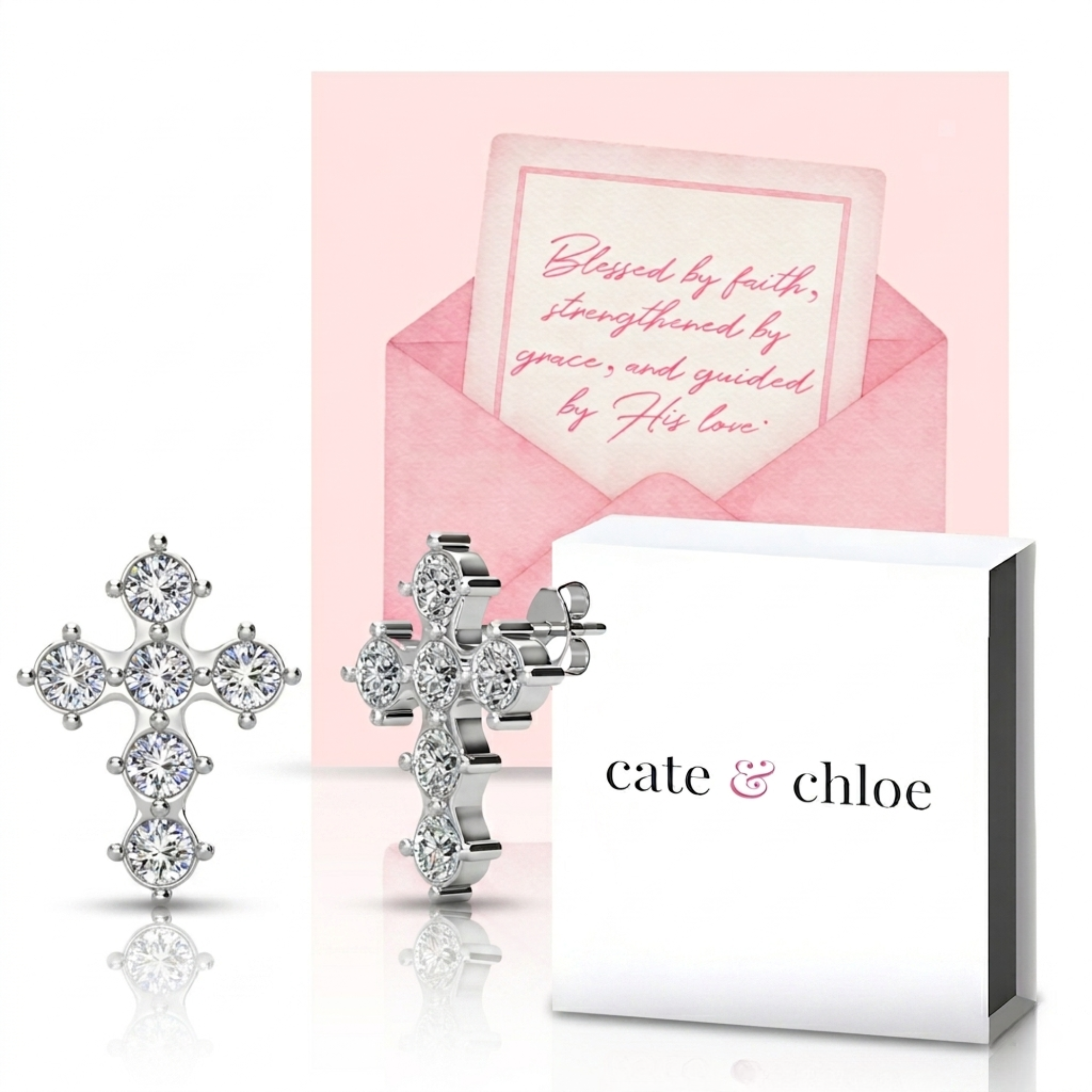 Marissa 18k White Gold Plated Cross Stud Earrings & Blessed by Faith Pink Envelope Card