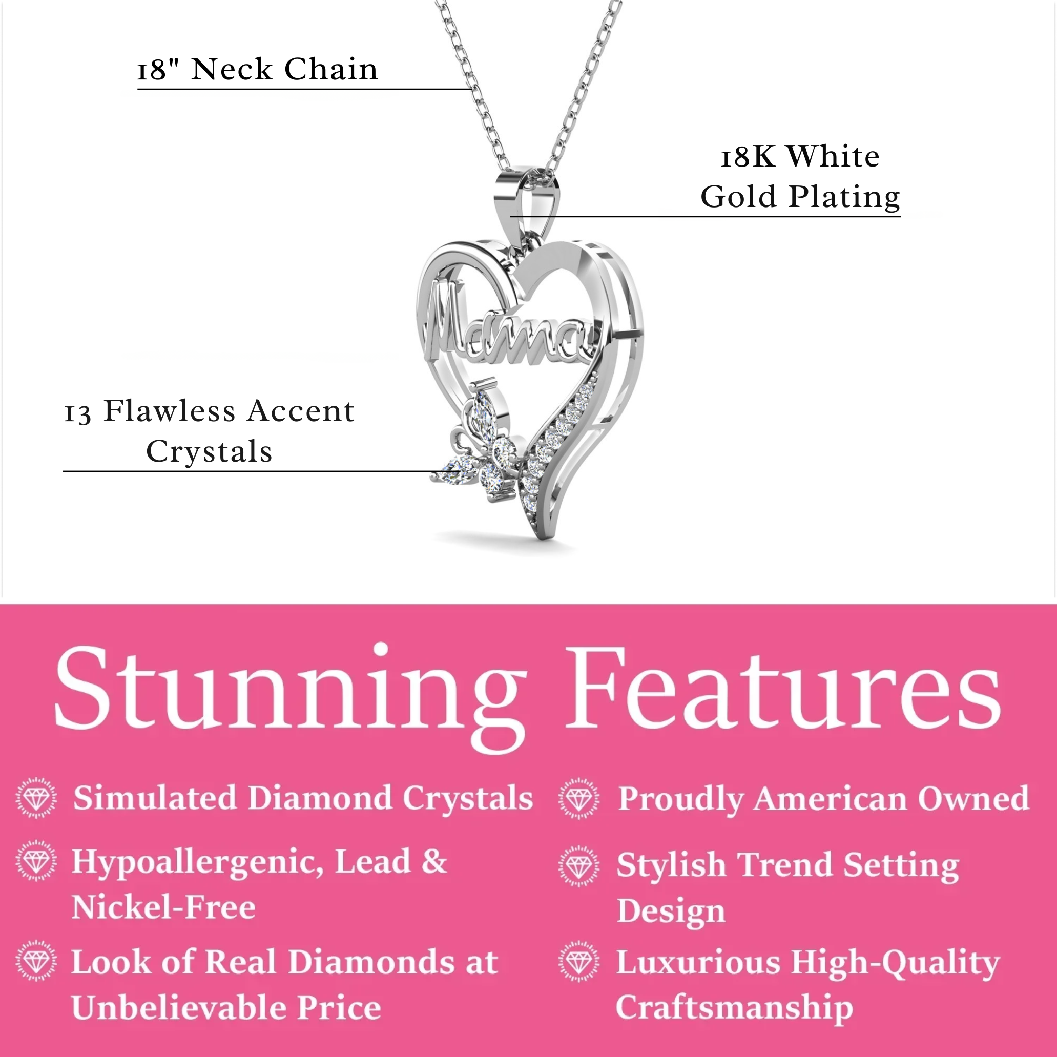Mavis 18k White Gold Plated Mama Heart Pendant Necklace with Simulated Diamond Crystals
