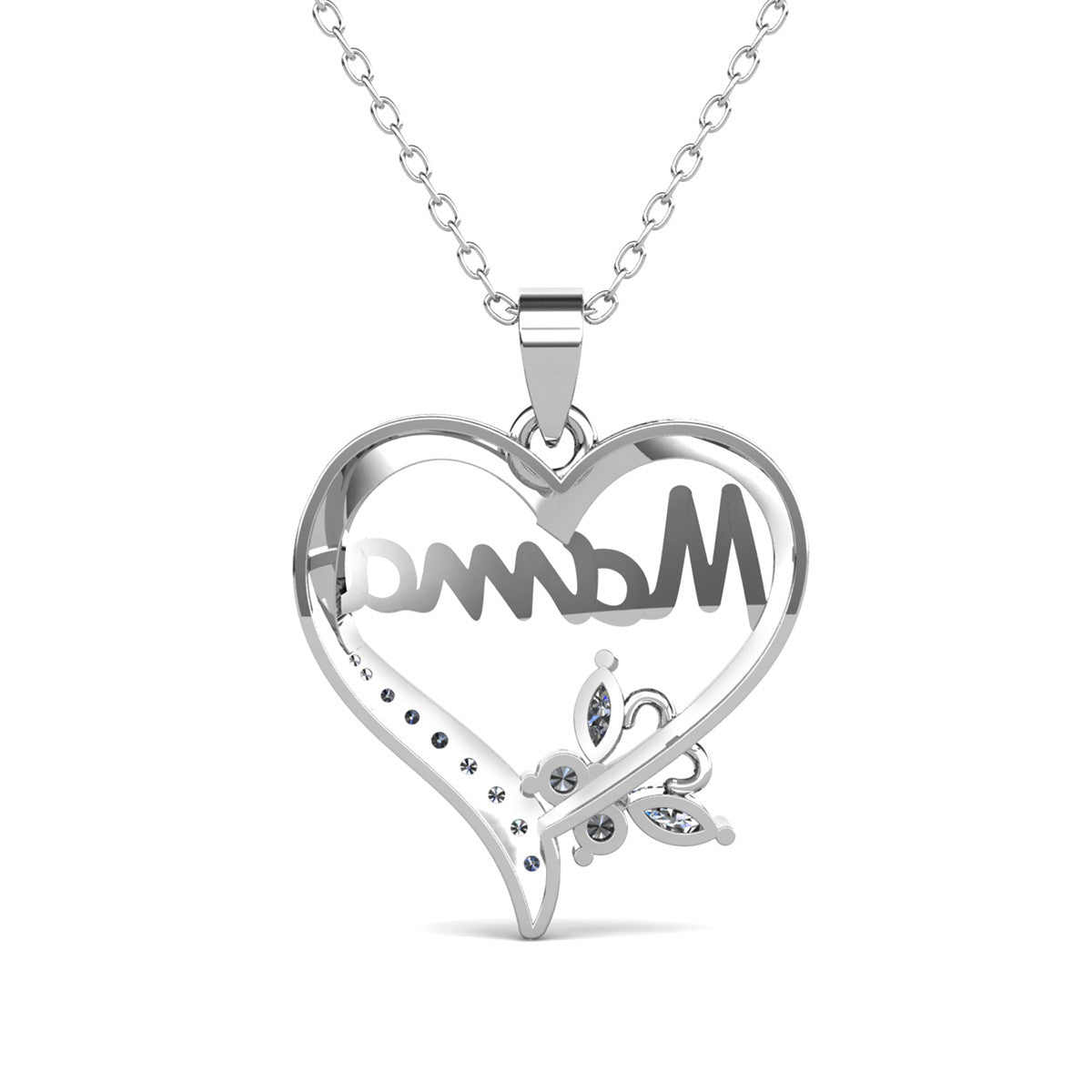 Mavis 18k White Gold Plated Mama Heart Pendant Necklace with Simulated Diamond Crystals