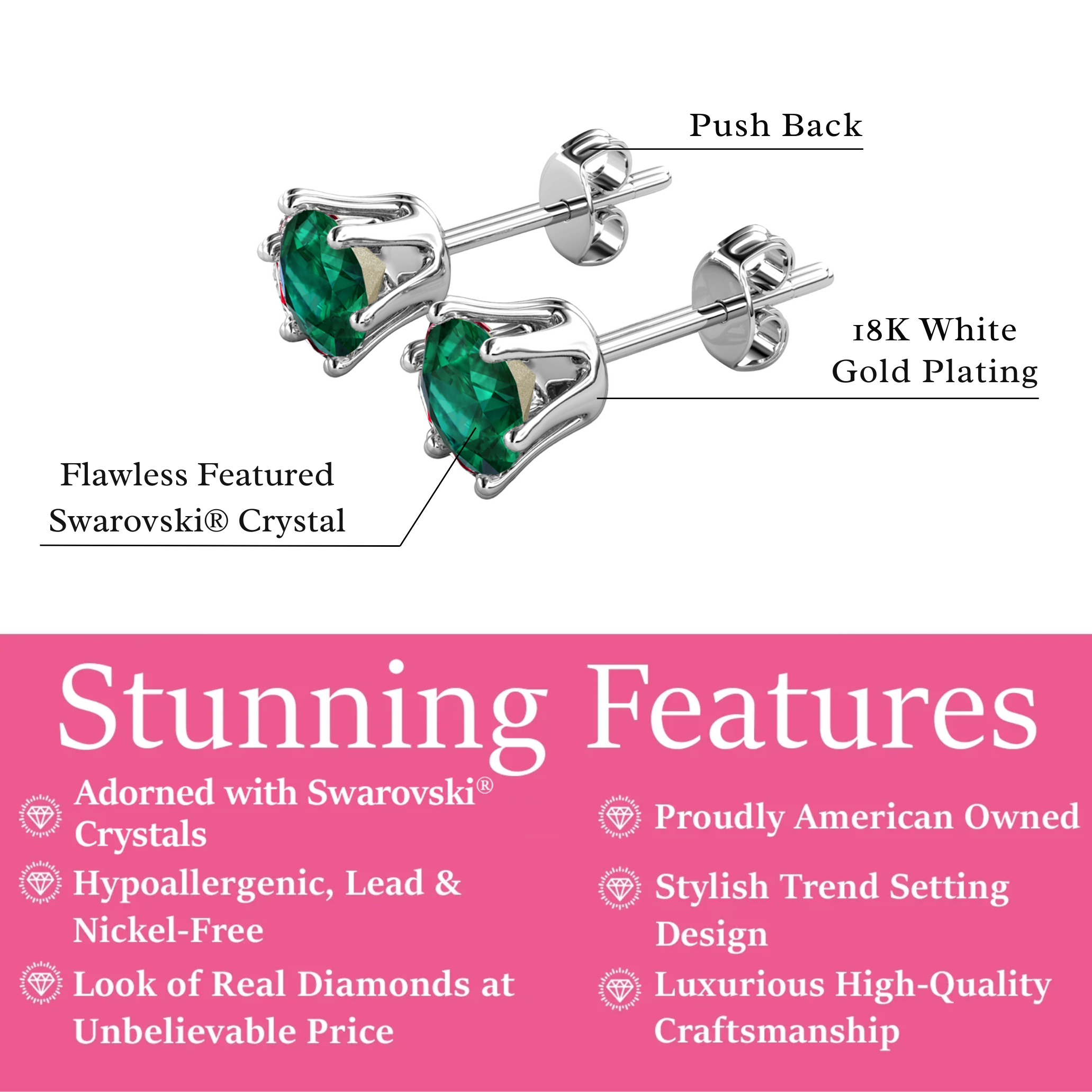 Birthstone Earrings 18k White Gold Plated Stud Earrings with 1ct Solitaire Swarovski Crystals