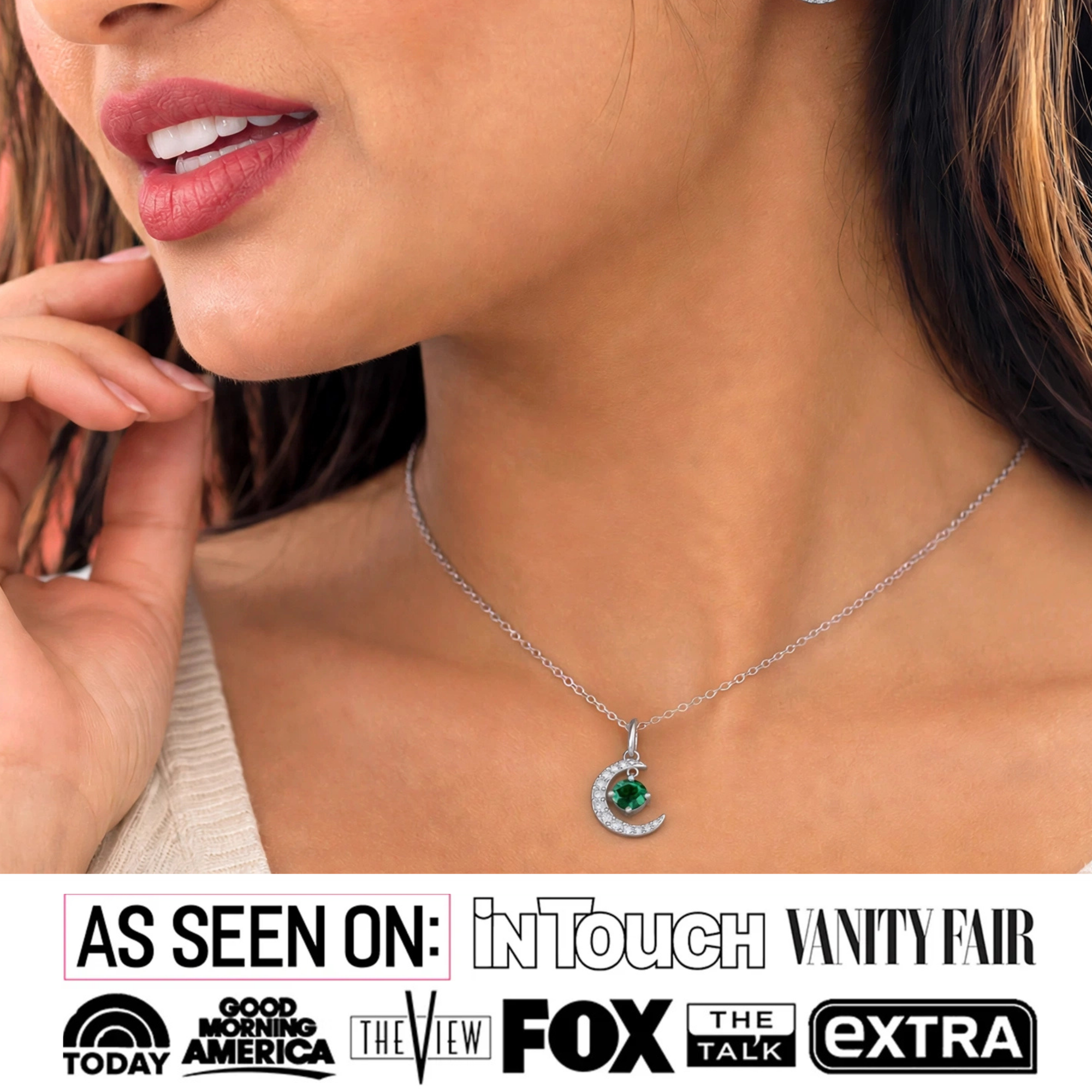 Luna Birthstone Necklace 18k White Gold Plated Crescent Pendant Necklace with Round Cut Swarovski Crystals