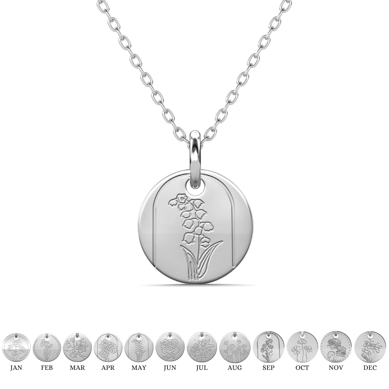 Floral 18k White Gold Plated Engraved Birth Month Flower Pendant Necklace