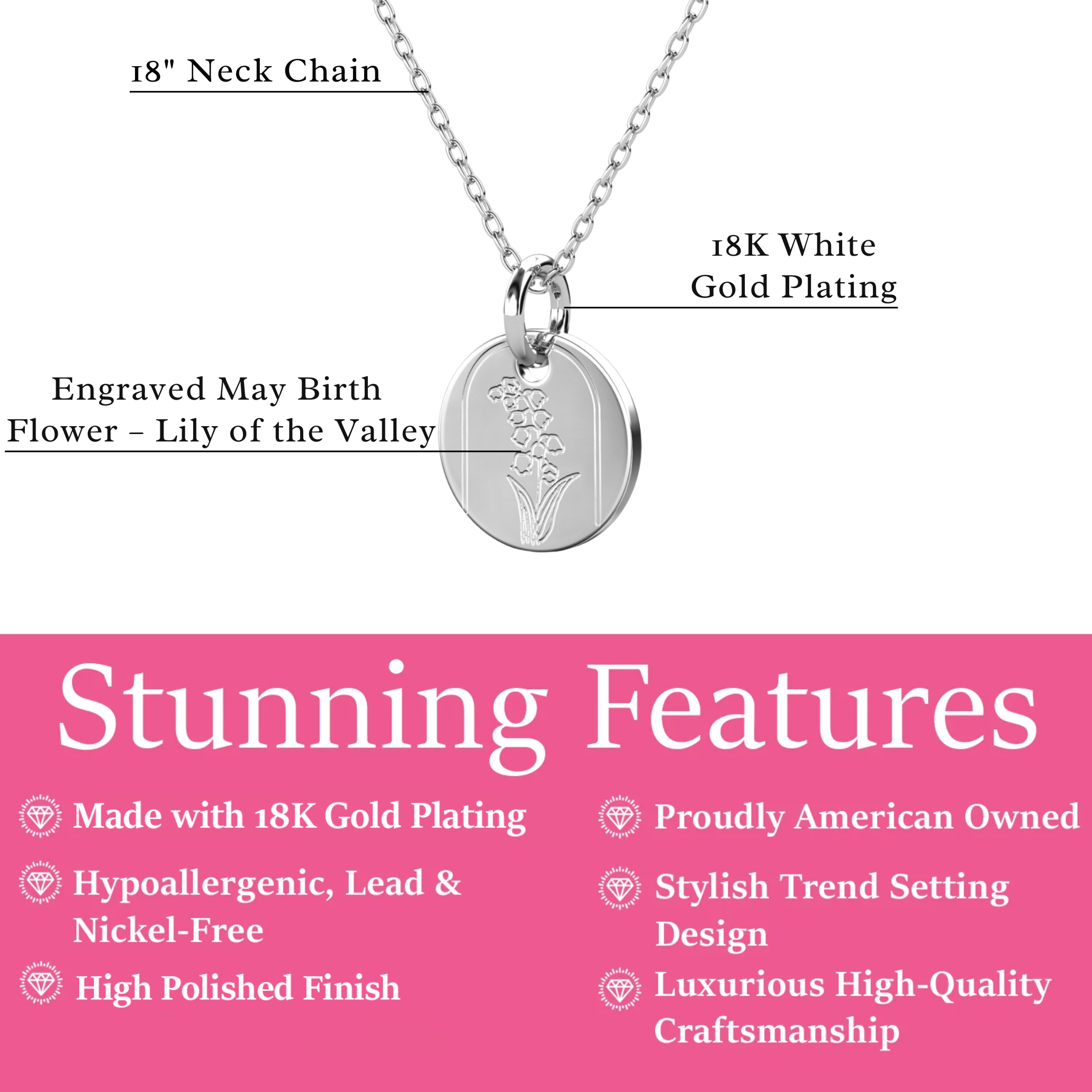 Floral 18k White Gold Plated Engraved Birth Month Flower Pendant Necklace