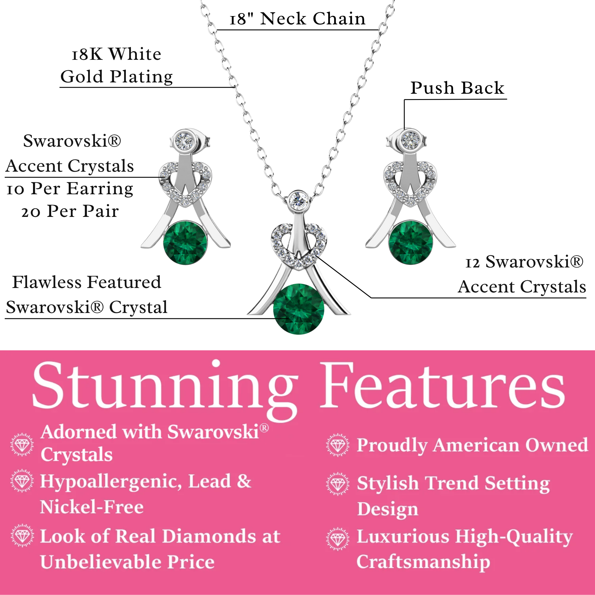Serenity Birthstone 18k White Gold Plated Drop Earrings and Necklace Set with Swarovski Crystals