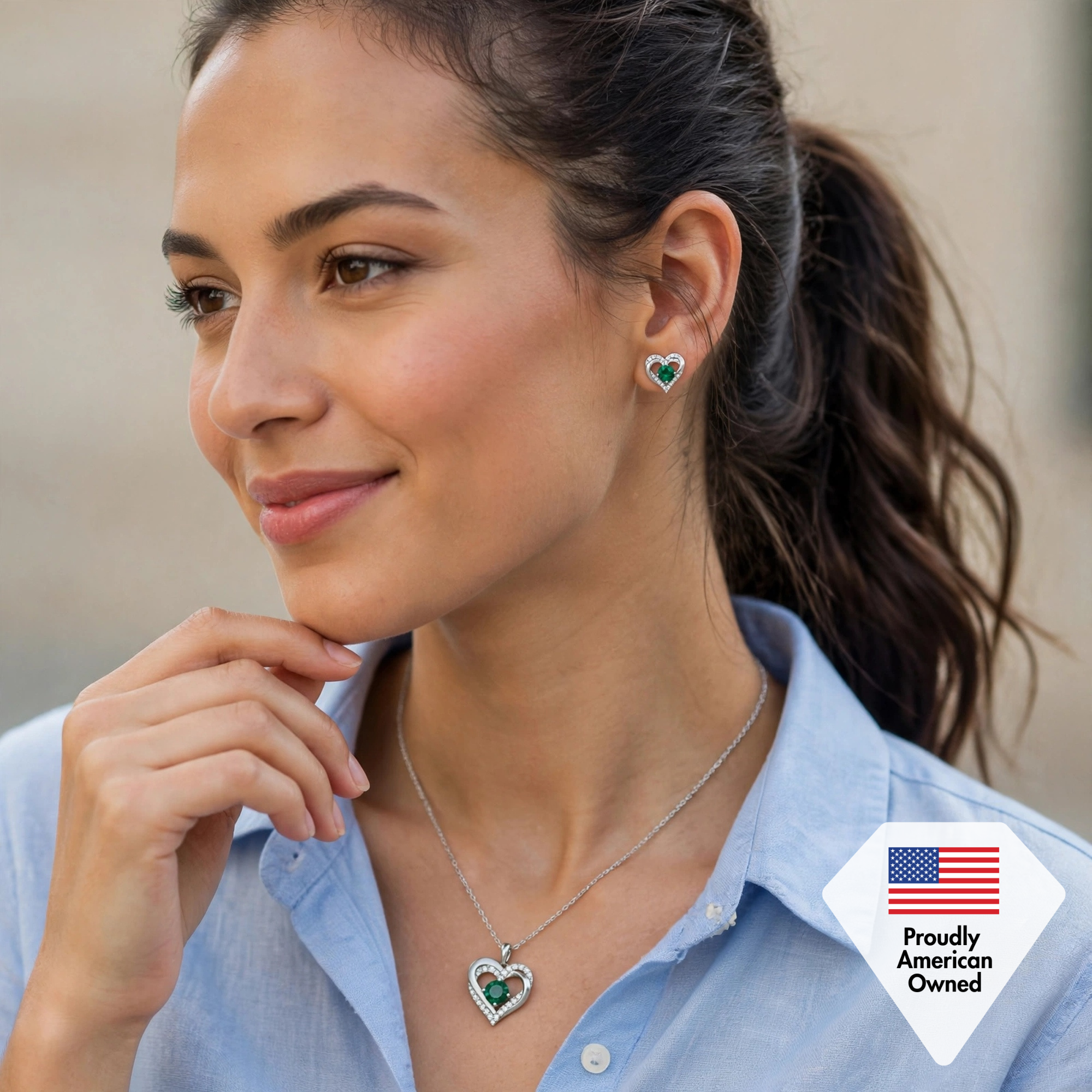 Forever Birthstone 18k White Gold Plated Silver Double Heart Earrings and Necklace Set with Swarovski Crystals